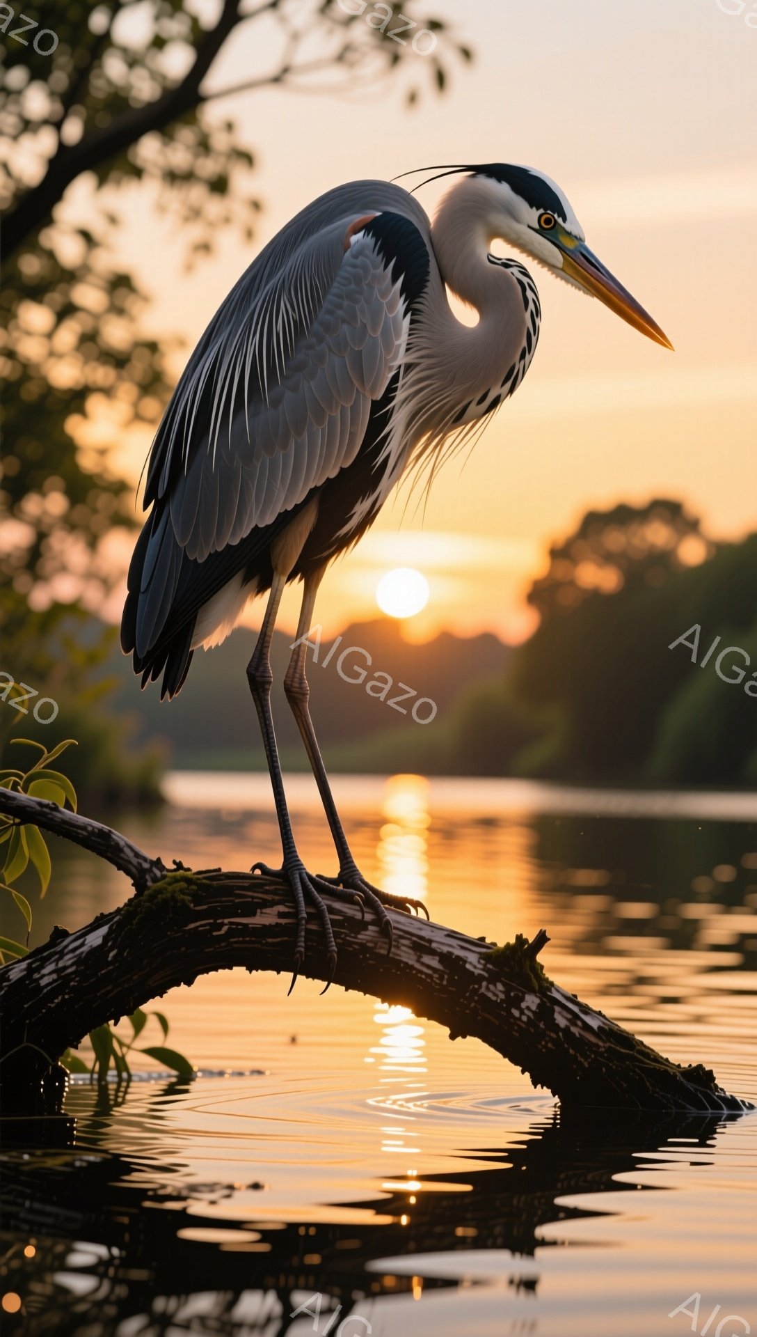 静かな水面に太陽が沈み、その光が水面を金色に染めている。背の高いサギが木の枝にとまり、夕焼けを見つめている。穏やかで瞑想的な雰囲気の中に、自然の美しさが際立っている。