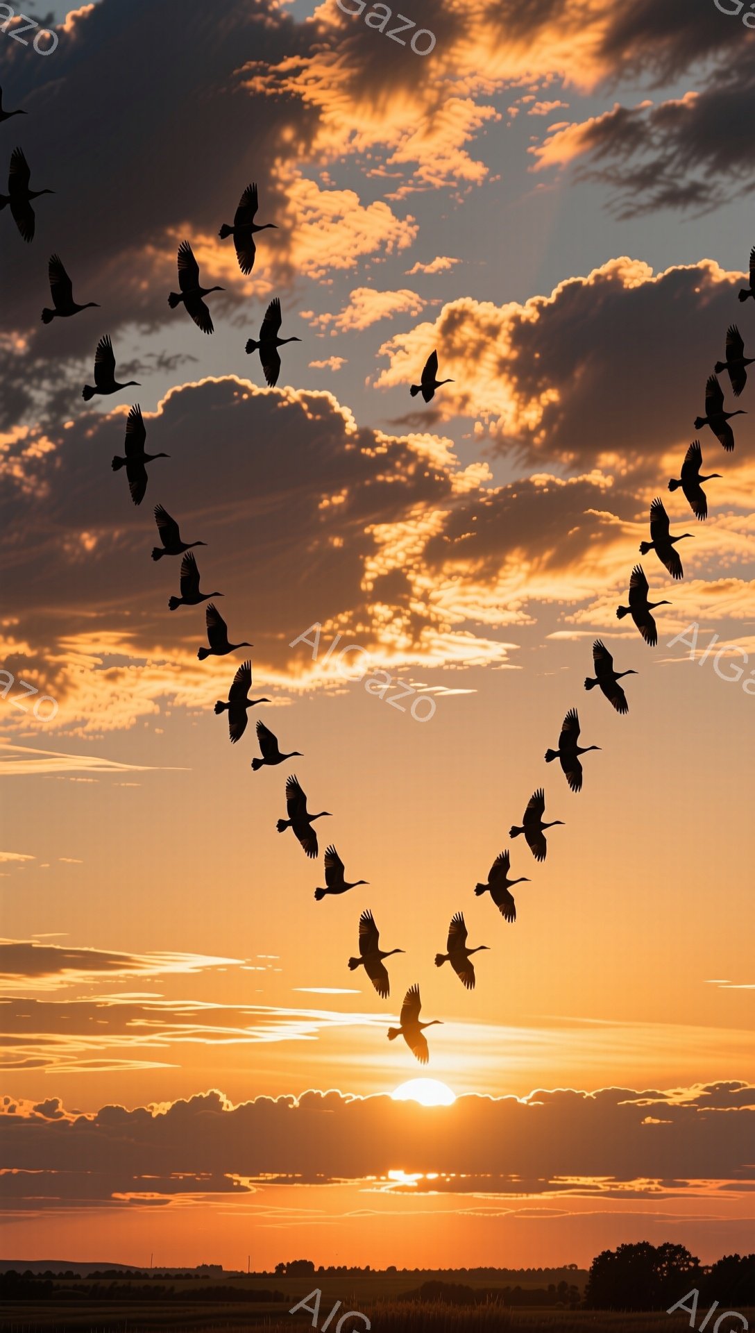 夕焼け空を、V字編隊で飛ぶ鳥たちのシルエットが印象的な風景です。空はオレンジと赤のグラデーションで彩られ、地平線には太陽が沈んでいく様子が捉えられています。温かく穏やかな雰囲気で、自然の美しさが際立っています。
