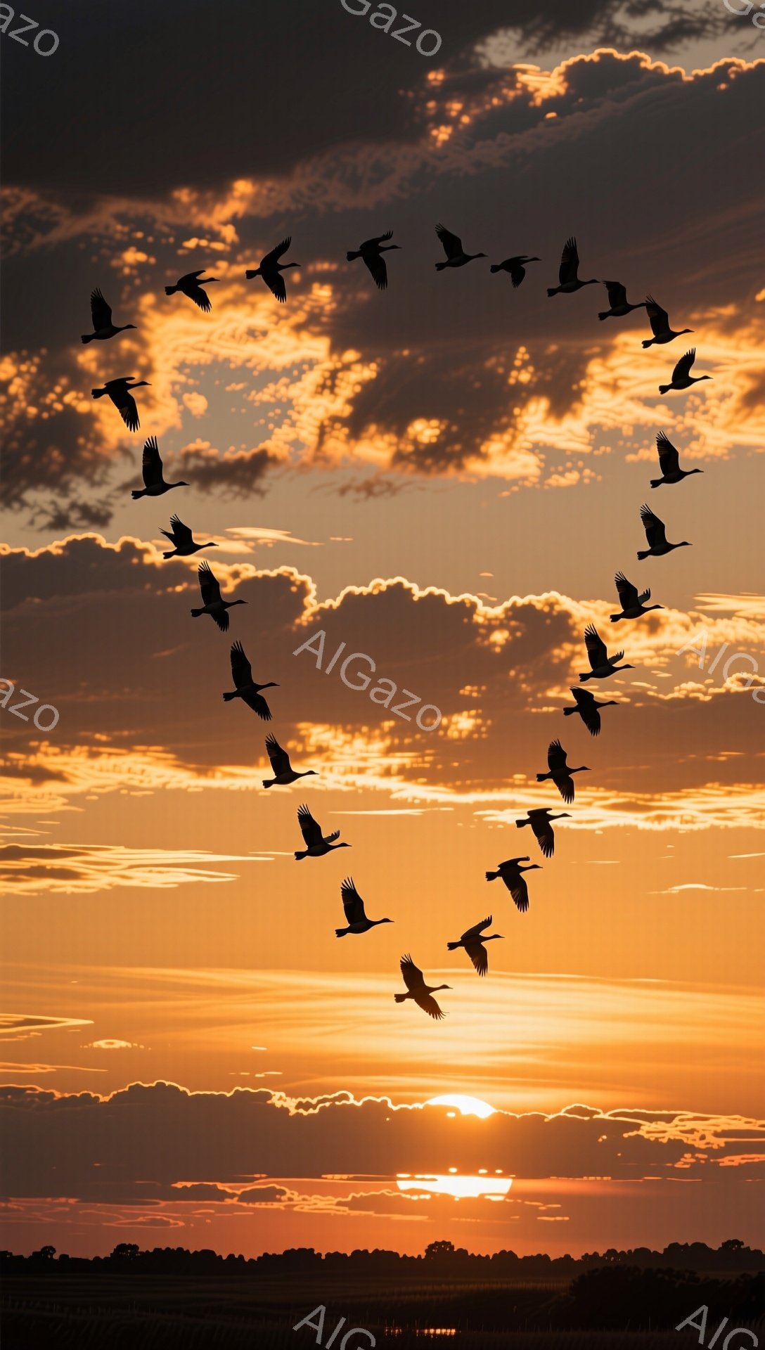 鮮やかな夕焼け空を、V字型に並んだ鳥たちが飛んでいる。地平線には遠くの風景がシルエットで描かれ、暖かい光が空全体に広がっている。自然の美しさと静寂が感じられる、穏やかな光景だ。