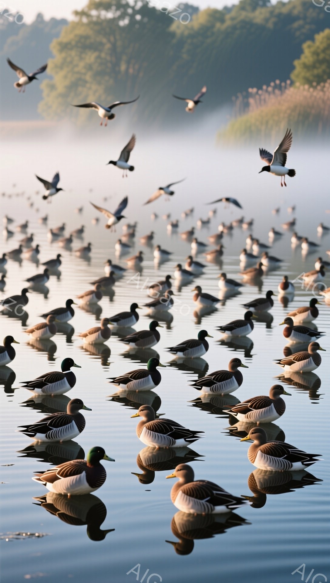 静かな湖面に鴨が多数浮かんでいる。朝霧が立ち込め、背景の木々がぼんやりと見える。水面には鴨の影が映り込み、穏やかな雰囲気を醸し出している。