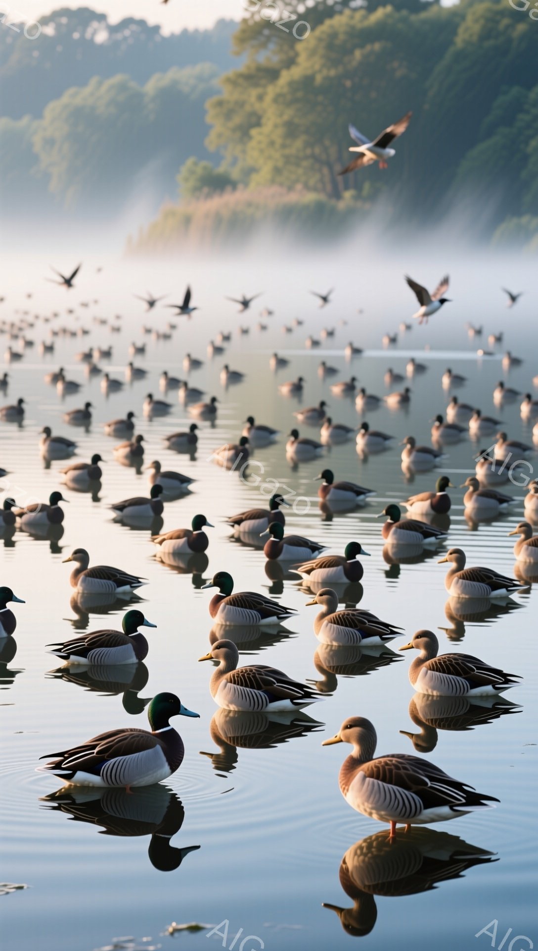 穏やかな水面にマガモたちが密集して浮かんでいます。朝靄が立ち込め、静寂な湖面と鳥たちの姿が幻想的な光景を作り出しています。水面に映る鳥影もまた美しく、自然の調和が感じられます。