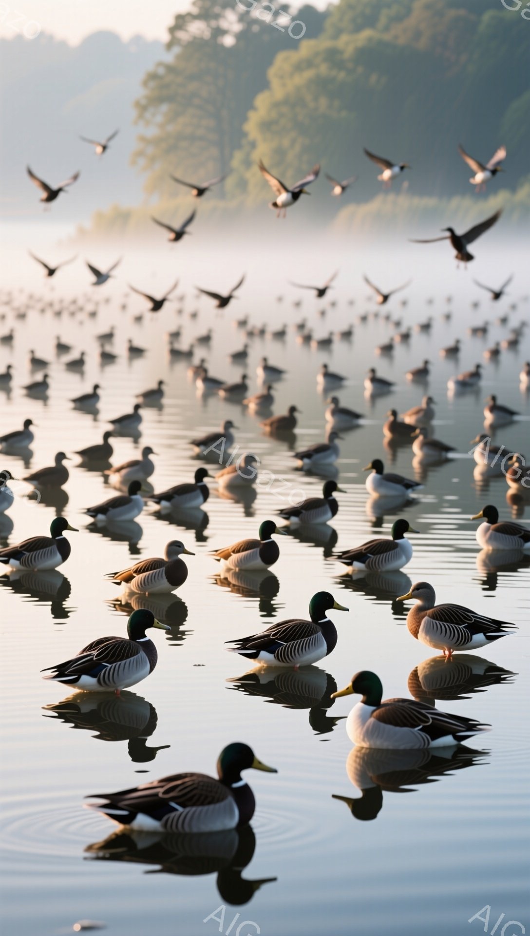 静かな湖面に鴨たちが群れをなし、穏やかな朝を迎えています。水面には鴨たちの鮮やかな姿が映り込み、水面に波紋が広がっています。遠くには緑豊かな木々が見え、霧が立ち込めて幻想的な雰囲気を醸し出しています。