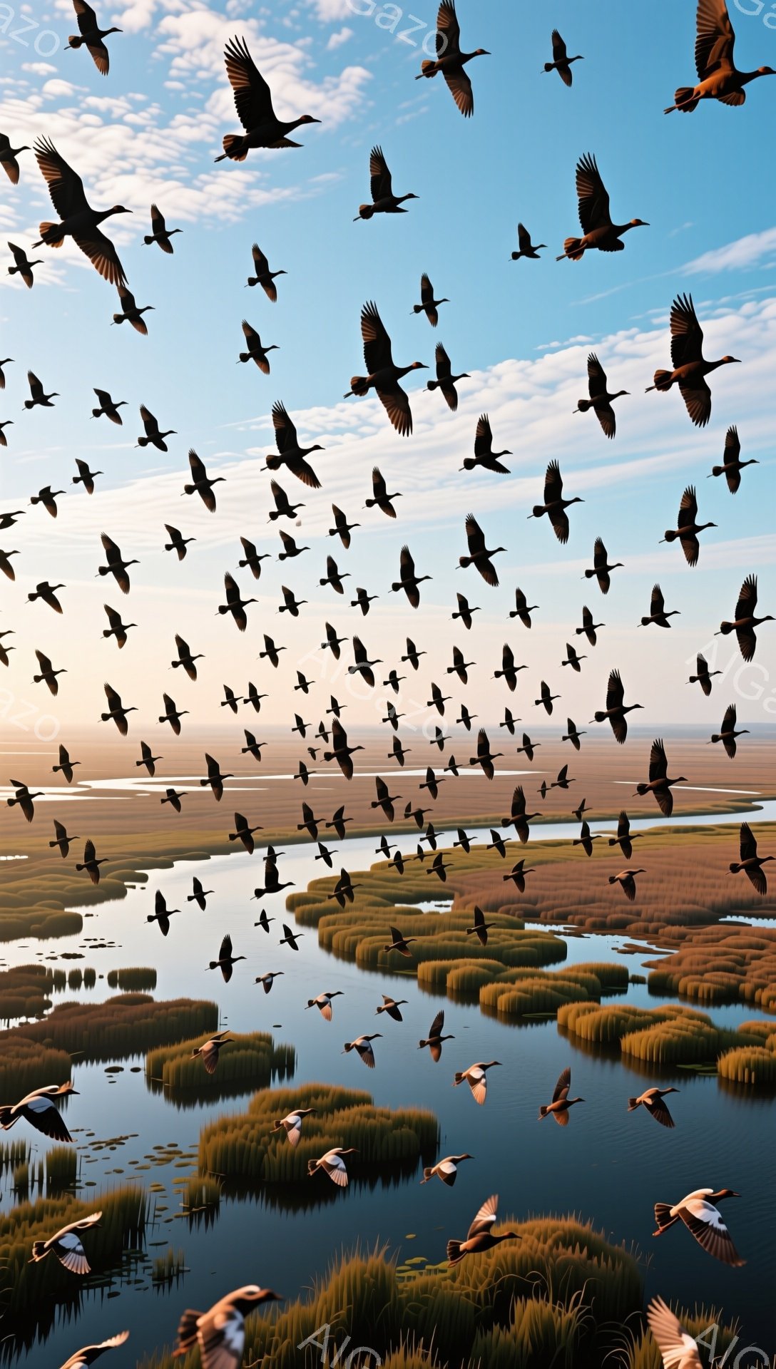 湿地帯の上空を無数の鳥たちが群れをなして飛んでいる。水面は鏡のように空と鳥たちを映し出し、穏やかな夕暮れの雰囲気を醸し出している。茶色と緑の自然豊かな景色が、平和で静謐な情景を作り出している。