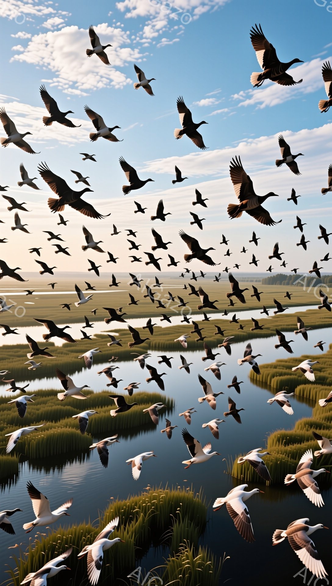 広大な湿地帯を多くの鳥たちが飛び交い、水面にその姿を映し出している。夕焼けのような柔らかな光が水面と鳥たちを照らし、穏やかで幻想的な雰囲気を醸し出している。緑豊かな湿地と空のグラデーションが美しい風景 - AI生成フリー素材