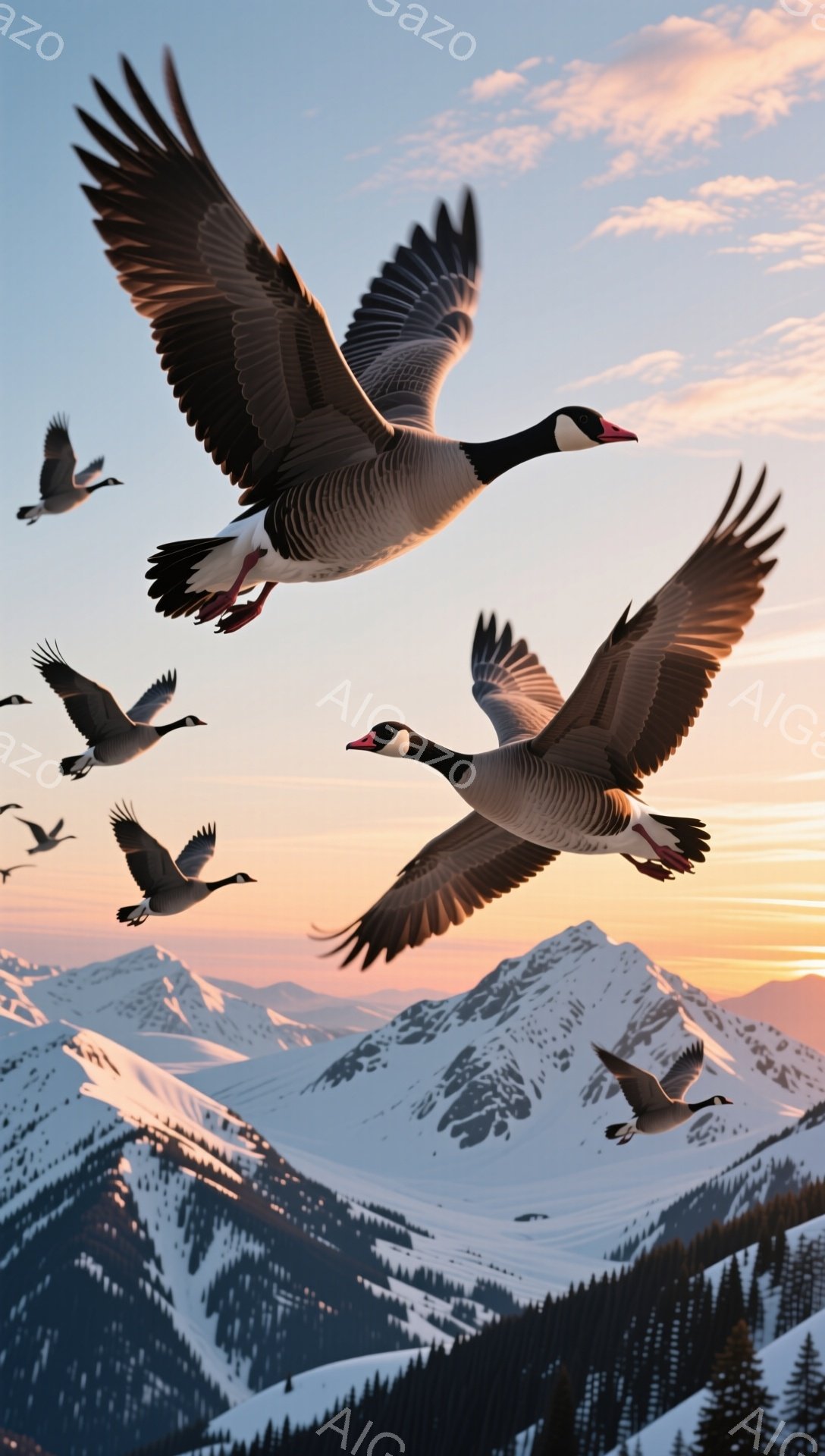 雪山を背景に、一列に並んだガンが飛んでいる。夕焼け空が空を染め、山々の頂をオレンジ色に輝かせている。迫力のある翼の描写と美しい空の色が印象的な風景写真だ。 - AI生成フリー素材