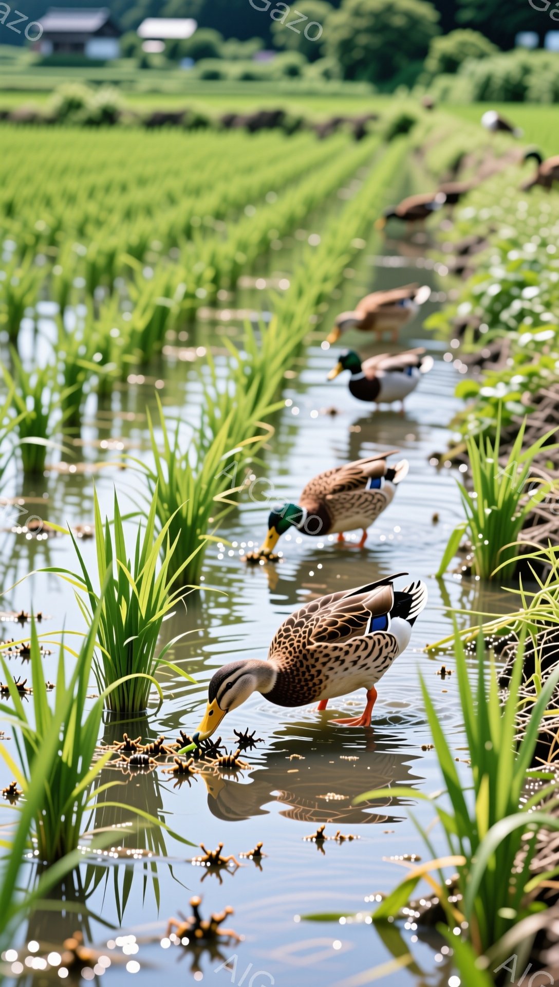 広大な水田の中でアヒルが数羽、水の中を歩き回っています。緑色の稲が密集して生い茂り、水面にはアヒルの姿が映り込んで穏やかな雰囲気を醸し出しています。水面には小さな虫が浮いており、アヒルがそれを食べている様子も伺えます。