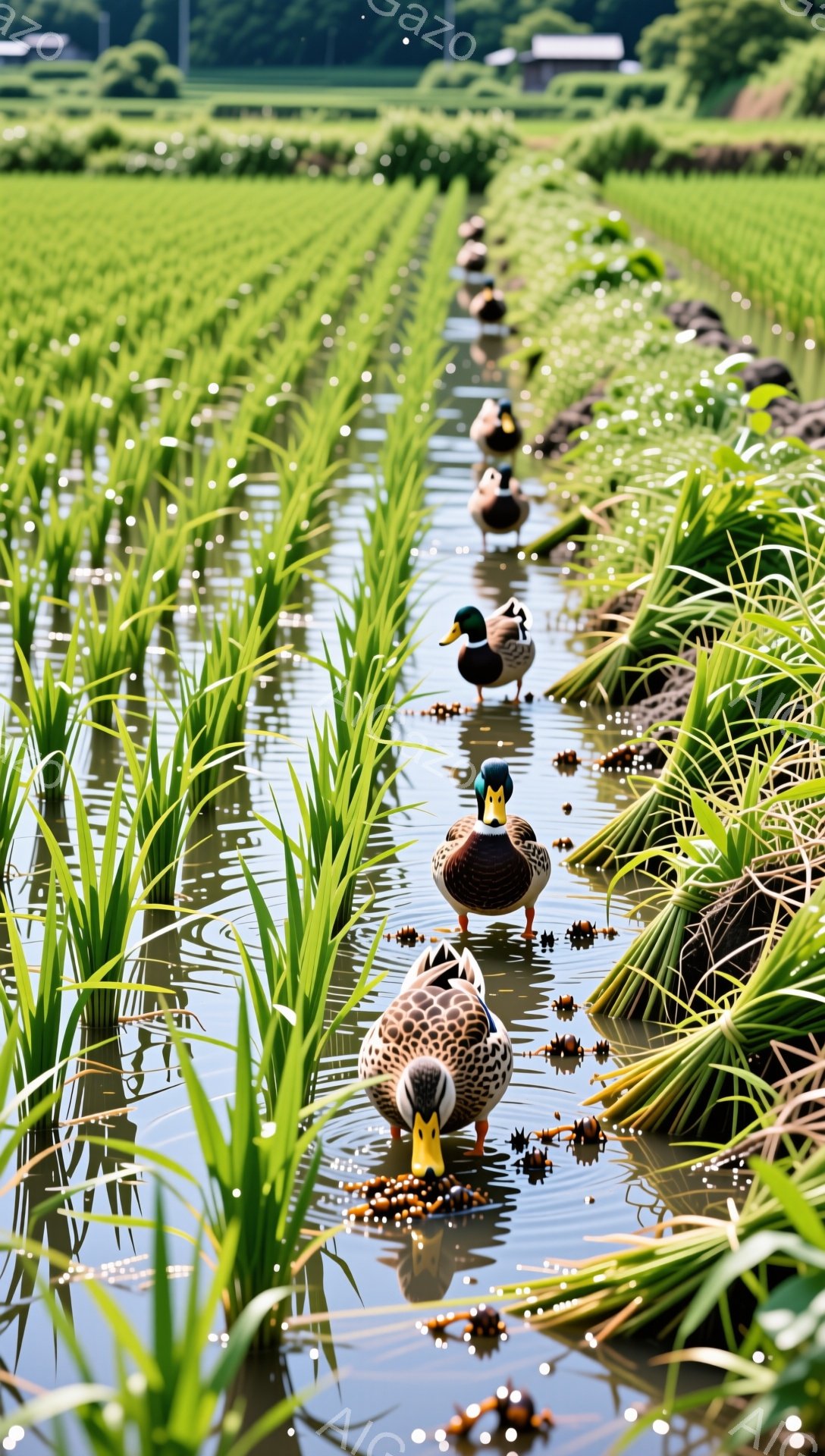 浅い水田の中にアヒルたちが一列に並んで泳いでいる。緑色の植物が生い茂り、水面には光が反射してキラキラと輝いている。穏やかで平和な田園風景が広がっている。