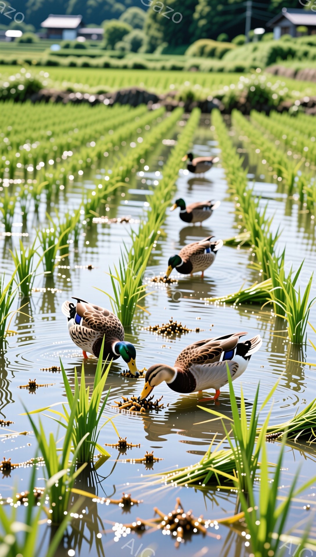 鮮やかな緑色の田んぼの中で、アヒルたちが餌を探しています。水面には太陽の光が反射し、キラキラと輝き、穏やかな夏の日の雰囲気が伝わってきます。アヒルたちは悠々と水の中を動き回り、自然の中でリラックスした様子です。