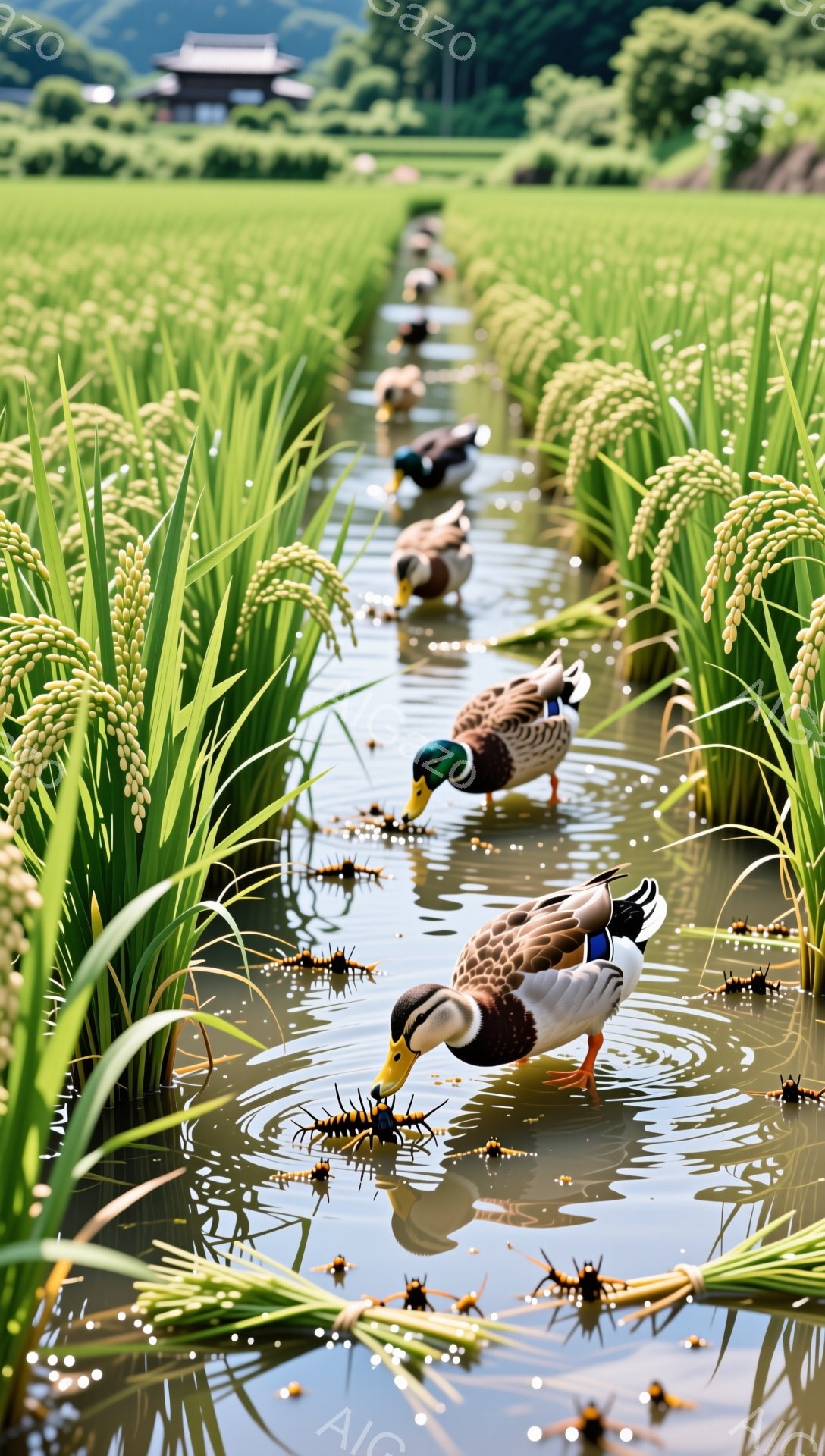 稲田の中をアヒルが列になって泳いでいます。水面にはアヒルの姿が映り、周囲の稲穂と緑が鮮やかさを添えています。穏やかな雰囲気で、自然豊かな田園風景が広がっています。