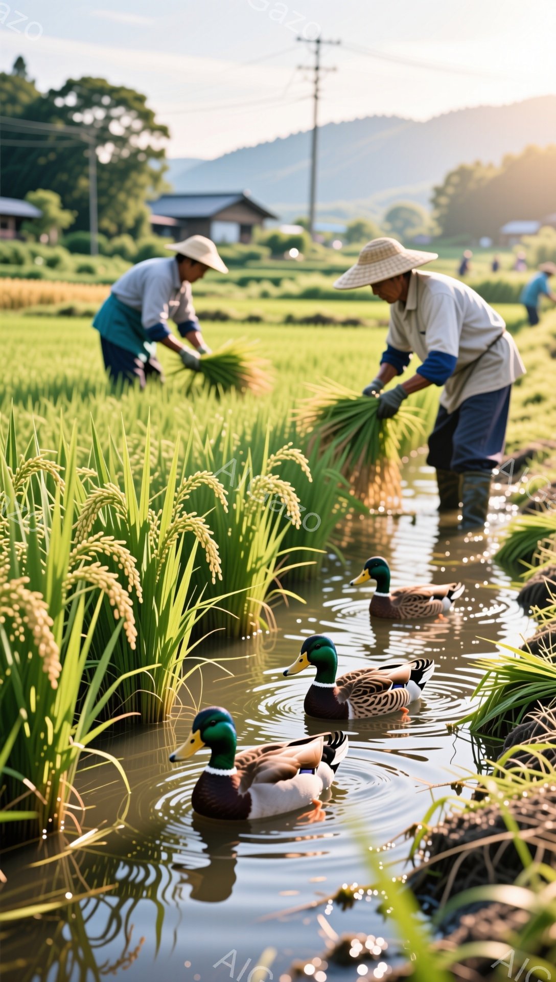 水田で作業する農家とアヒルが描かれています。農家は麦わら帽子と長靴を着用し、稲を刈り取っています。水面に映るアヒルの姿が、のどかな田園風景をさらに引き立てています。