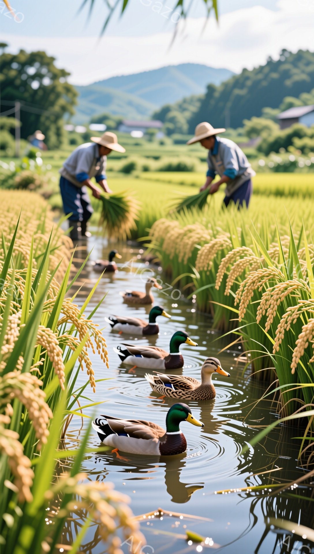 稲穂が実った田んぼで、アヒルたちが水面を泳いでいる。奥には麦わら帽子をかぶった農家の方が稲を刈る姿が見える。黄金色に輝く稲穂と澄んだ水面が、穏やかで平和な田園風景を醸し出している。