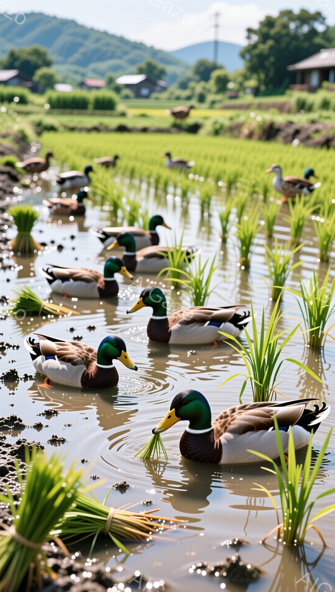 広大な田んぼの中にアヒルたちが浮いており、緑色の稲穂の間をゆったりと泳いでいる。水面に映るアヒルの姿と、周囲の自然が穏やかな雰囲気を醸し出している。背景には山々と家屋が見え、日本の原風景を感じさせる。