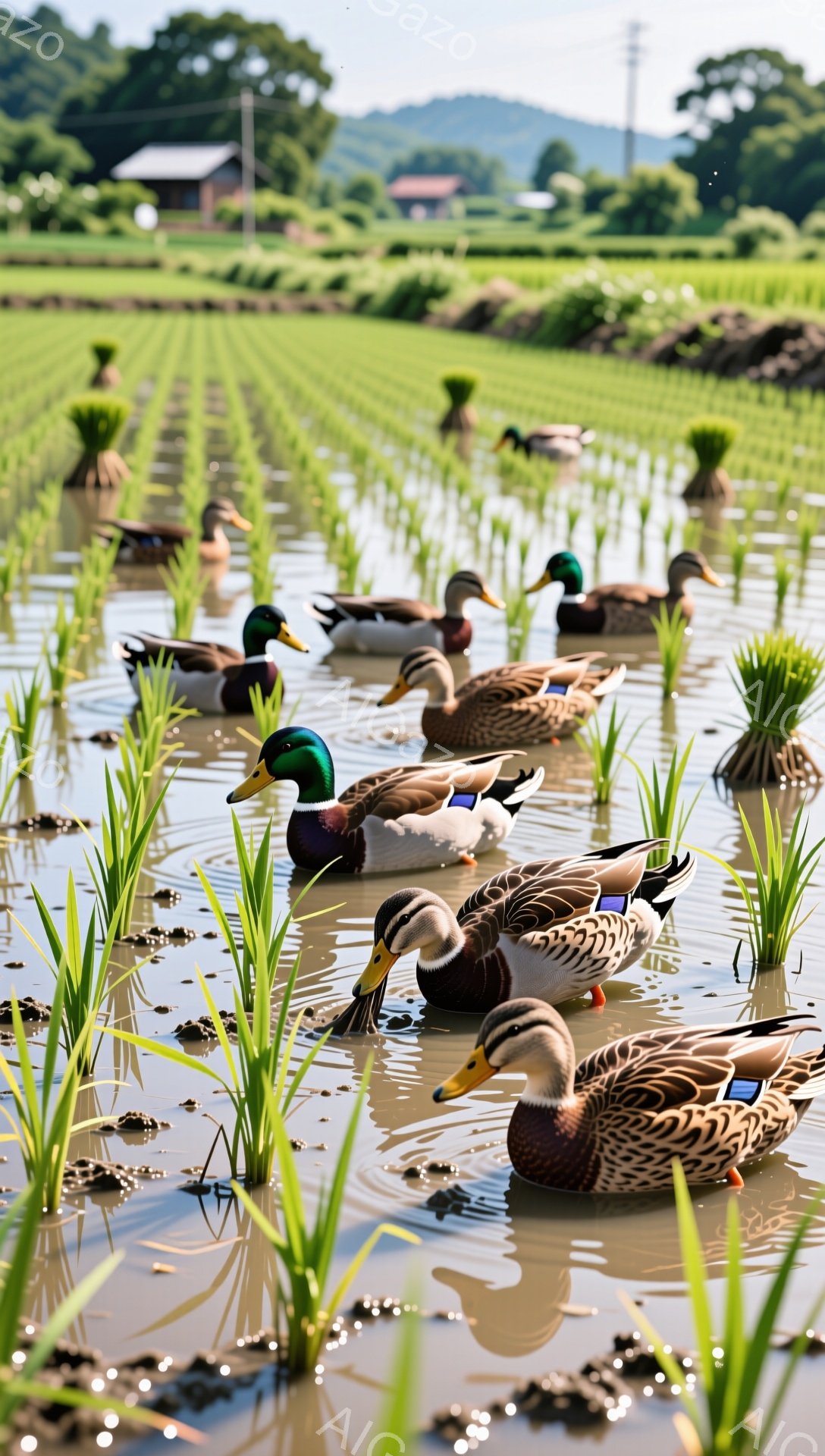 アヒルたちが田んぼの中で泳いでいる。緑豊かな田んぼと澄んだ水が、穏やかで平和な雰囲気を醸し出している。アヒルの羽は光を受けて輝き、自然の美しさを際立たせている。