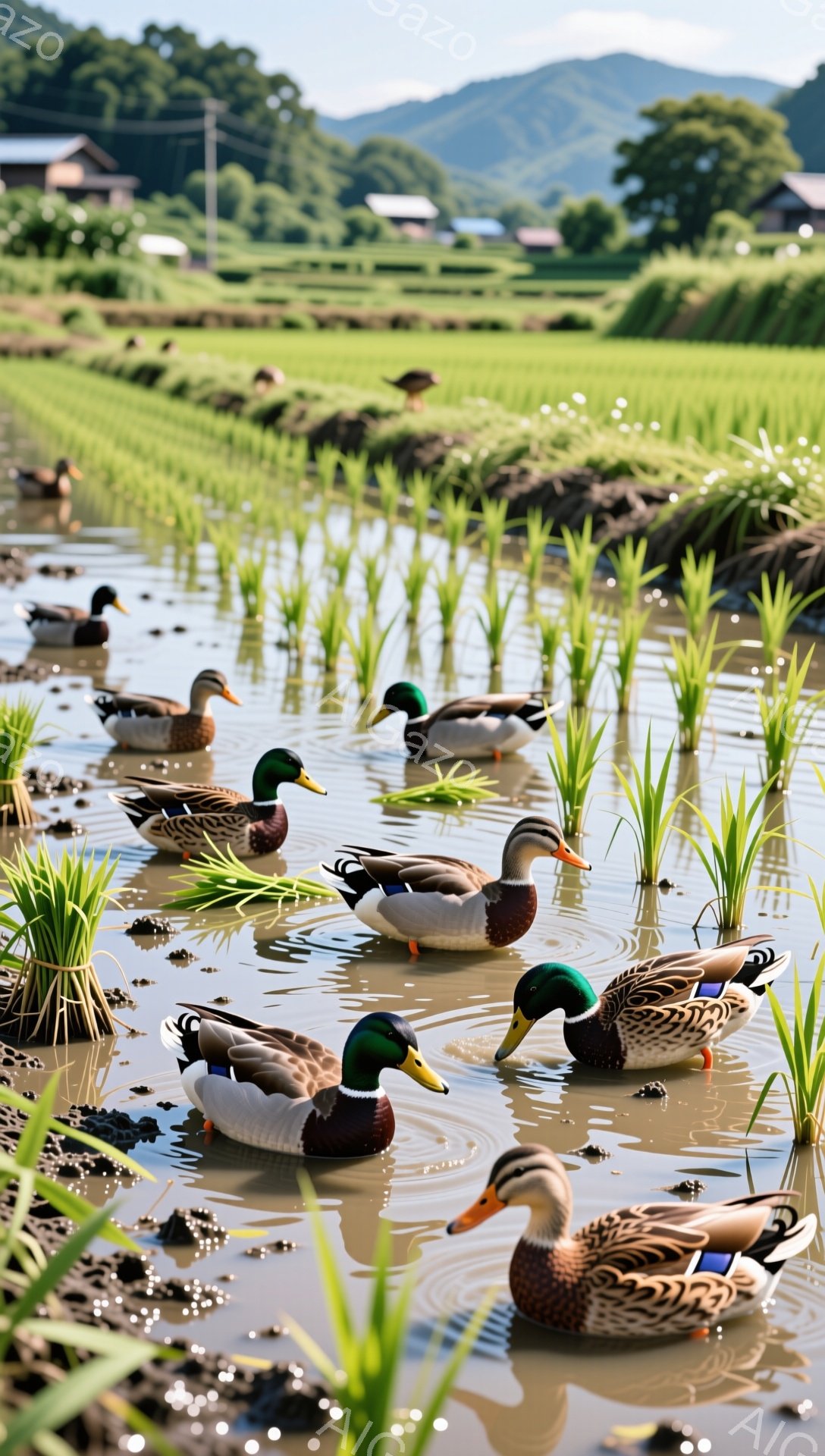 アヒルたちが田んぼの中で泳いでいる。新緑がまぶしく、水面にはアヒルの姿が映り込み、穏やかな雰囲気が漂っている。稲の苗が植えられたばかりの田んぼは、生命力に満ち溢れている。