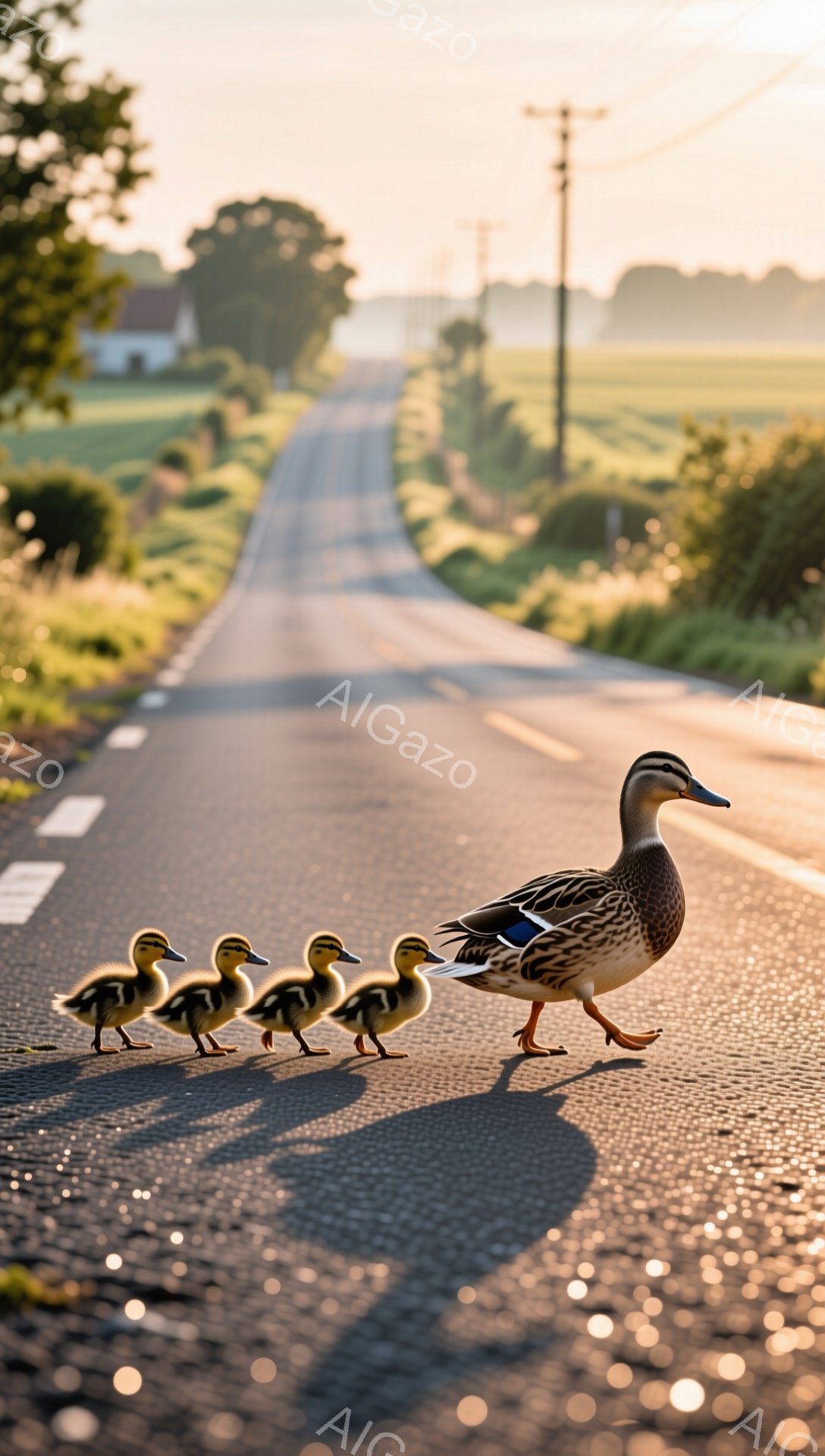 アヒルの母親が、数匹の子アヒルを連れて舗装された道路を歩いている。朝の光が道路に差し込み、アヒルとその影が長く伸びている。緑豊かな田園地帯が背景に広がり、穏やかで平和な雰囲気が漂っている。