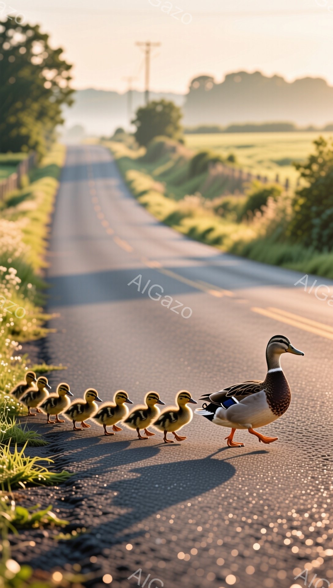 アヒルの母親が、可愛いひな鳥たちを連れて舗装された道路を歩いている。朝日の光が道路を照らし、周囲の緑豊かな風景が穏やかな雰囲気を醸し出している。ひな鳥たちは母親の後ろをぴったりとついて歩き、家族の温か - AI生成フリー素材