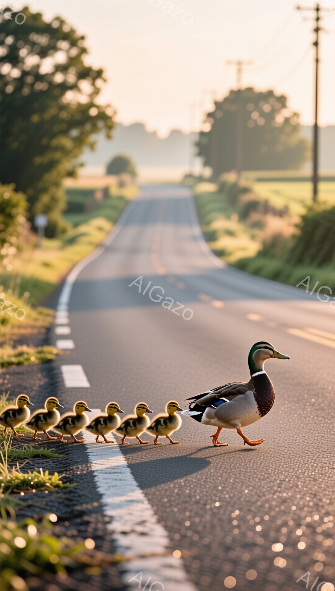 アヒルの母親が、愛らしいひな鳥たちを連れて舗装された道路を歩いている。朝焼けの光が道路を照らし、周囲の緑豊かな風景と対照的である。平和で牧歌的な雰囲気が感じられる。