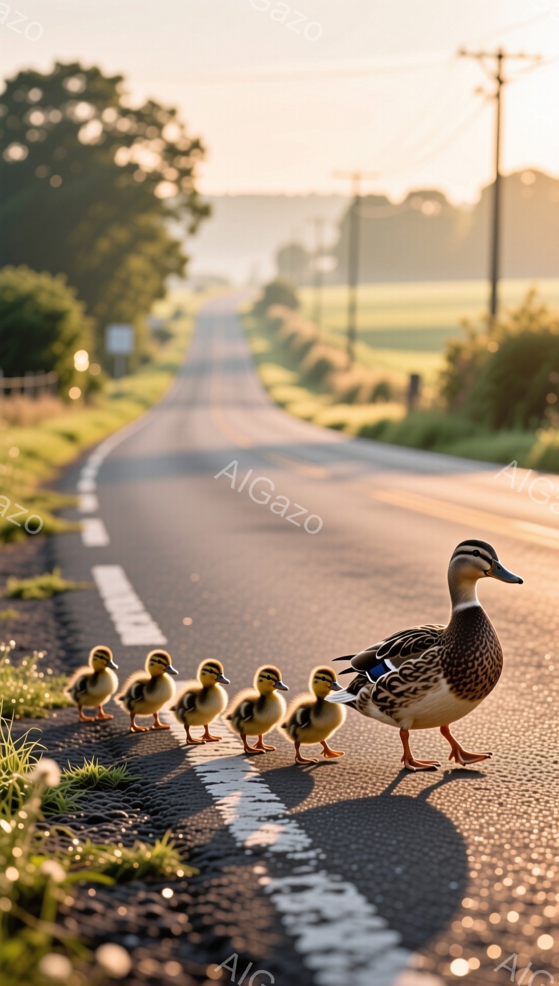 アヒル一羽が子アヒルたちを連れてアスファルトの道路を歩いている。背景には緑豊かな草地が広がり、夕暮れ時の柔らかい光が全体を照らしている。平和で穏やかな雰囲気が感じられる。 - AI生成フリー素材