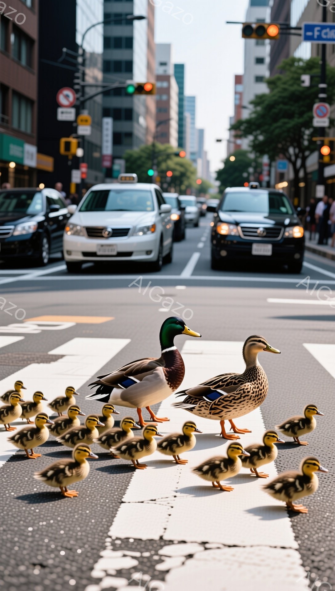アヒルの母親と雛たちが横断歩道を渡っています。背景にはニューヨークの街並みが広がり、タクシーや車が通行しています。温かい日差しと鳥の愛らしい姿が、都会の喧騒の中の穏やかな風景を作り出しています。