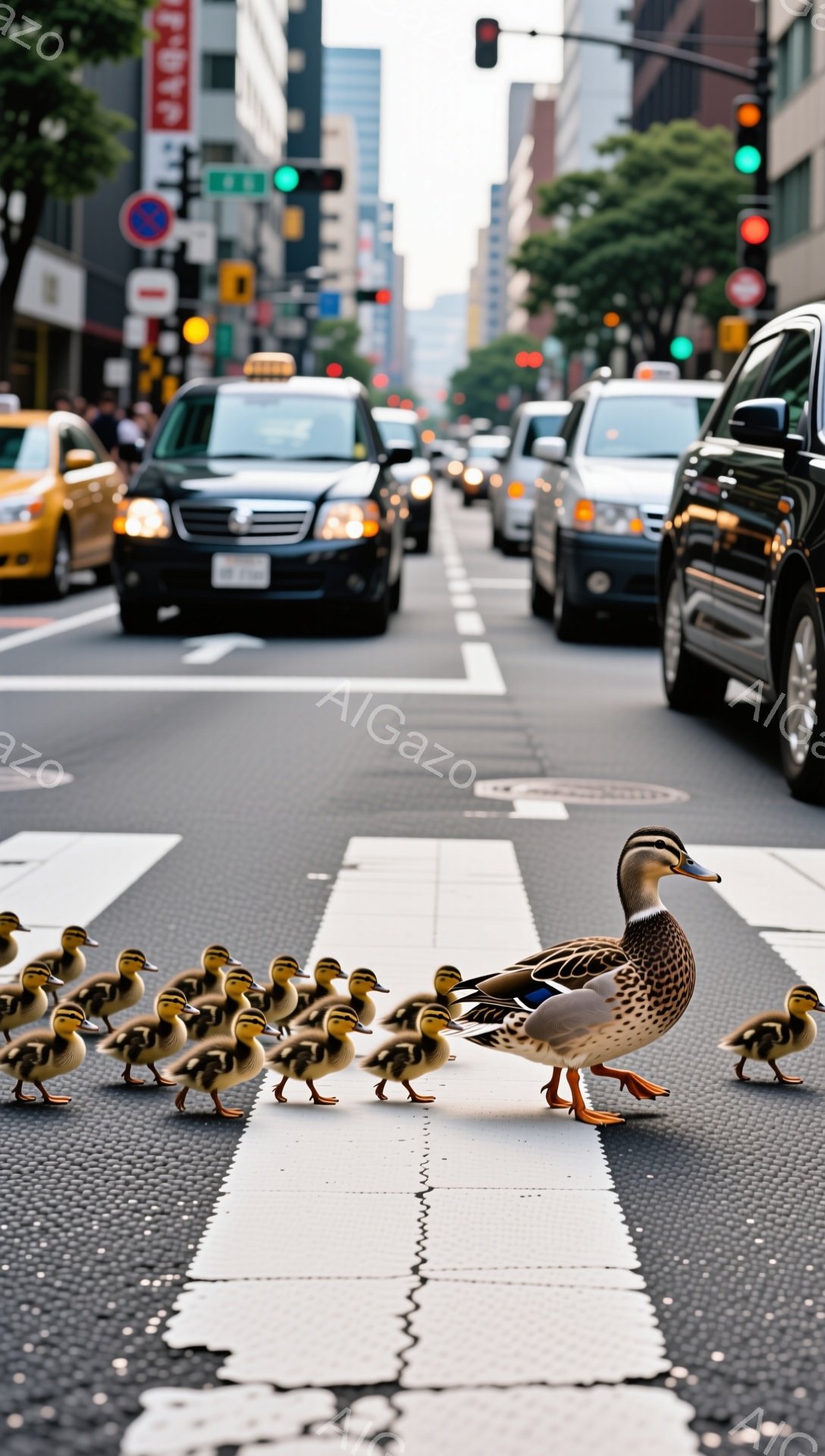 アヒルの母親が、黄色いヒナたちを引き連れて横断歩道を渡っている。背景には車や建物がぼやけて写り、都会の喧騒と自然の温かさが混ざり合った様子が表現されている。ヒナたちは母親の後ろにぴったりとついて、安全に道を渡ろうとしている。