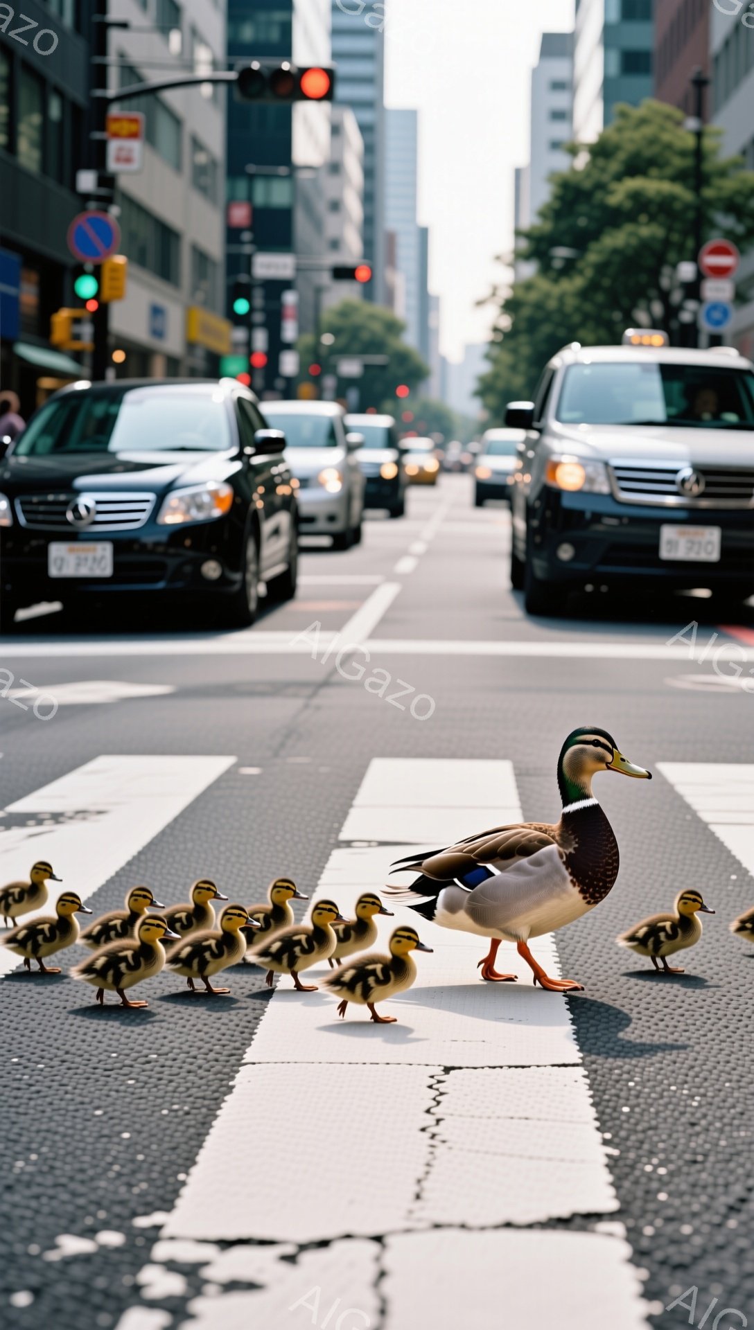 アヒルの母親が、子アヒルたちを連れて横断歩道を歩いている。周りには車が走っており、都会の風景の中でユニークな光景が広がっている。背景には高層ビルが見え、明るい日差しがアスファルトに反射している。