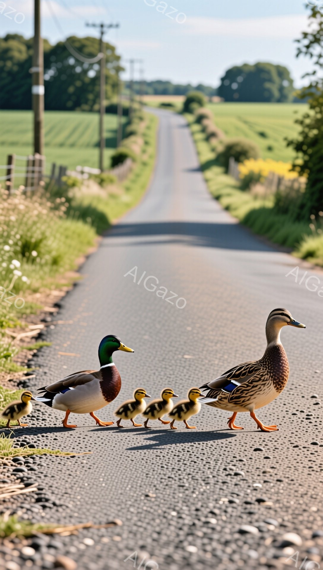 アヒルの母親とヒナたちが、舗装された田舎道を一列になって歩いている。緑豊かな田園風景が背景に広がり、穏やかで平和な雰囲気が漂っている。太陽の光が道を照らし、暖かい夏の日の光景が表現されている。