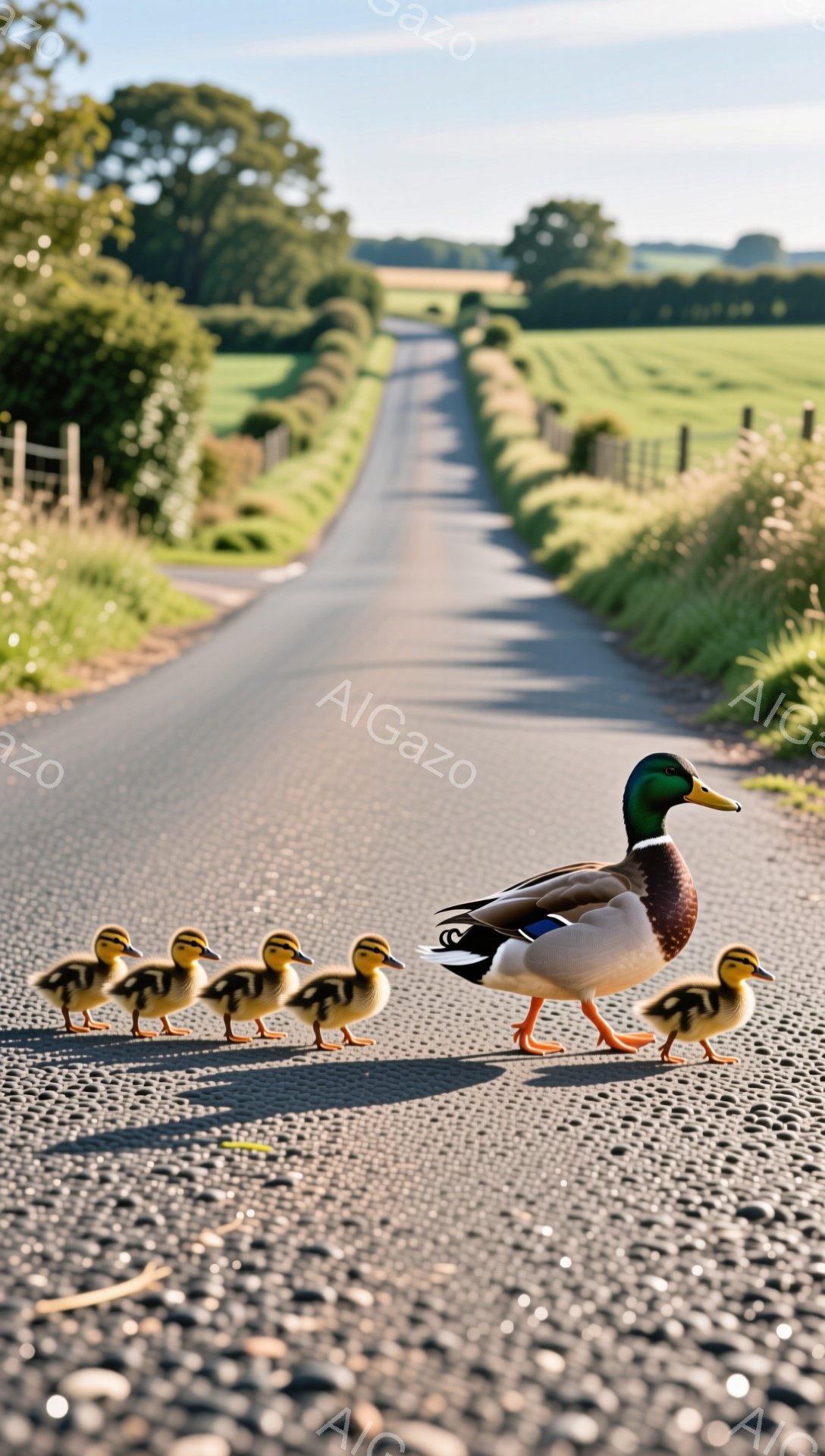 アヒルの母親とヒナたちが舗装された道路を列になって歩いている。緑豊かな田園風景が広がり、穏やかで平和な雰囲気が漂う。朝日が差し込み、アヒルの姿を鮮やかに照らし出している。 - AI生成フリー素材