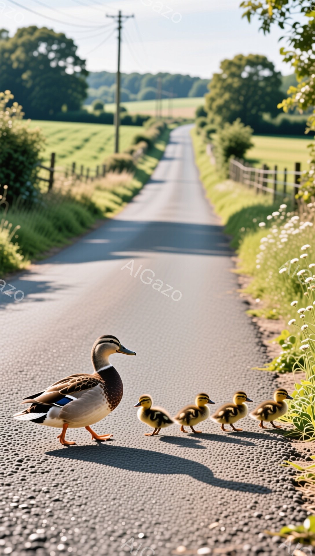 アヒルが子アヒルを連れて舗装道路を歩いている。晴れた日差しの中、緑豊かな田園風景が広がり、平和で穏やかな雰囲気が漂っている。遠くには電柱が見え、夏の田園風景を描いている。