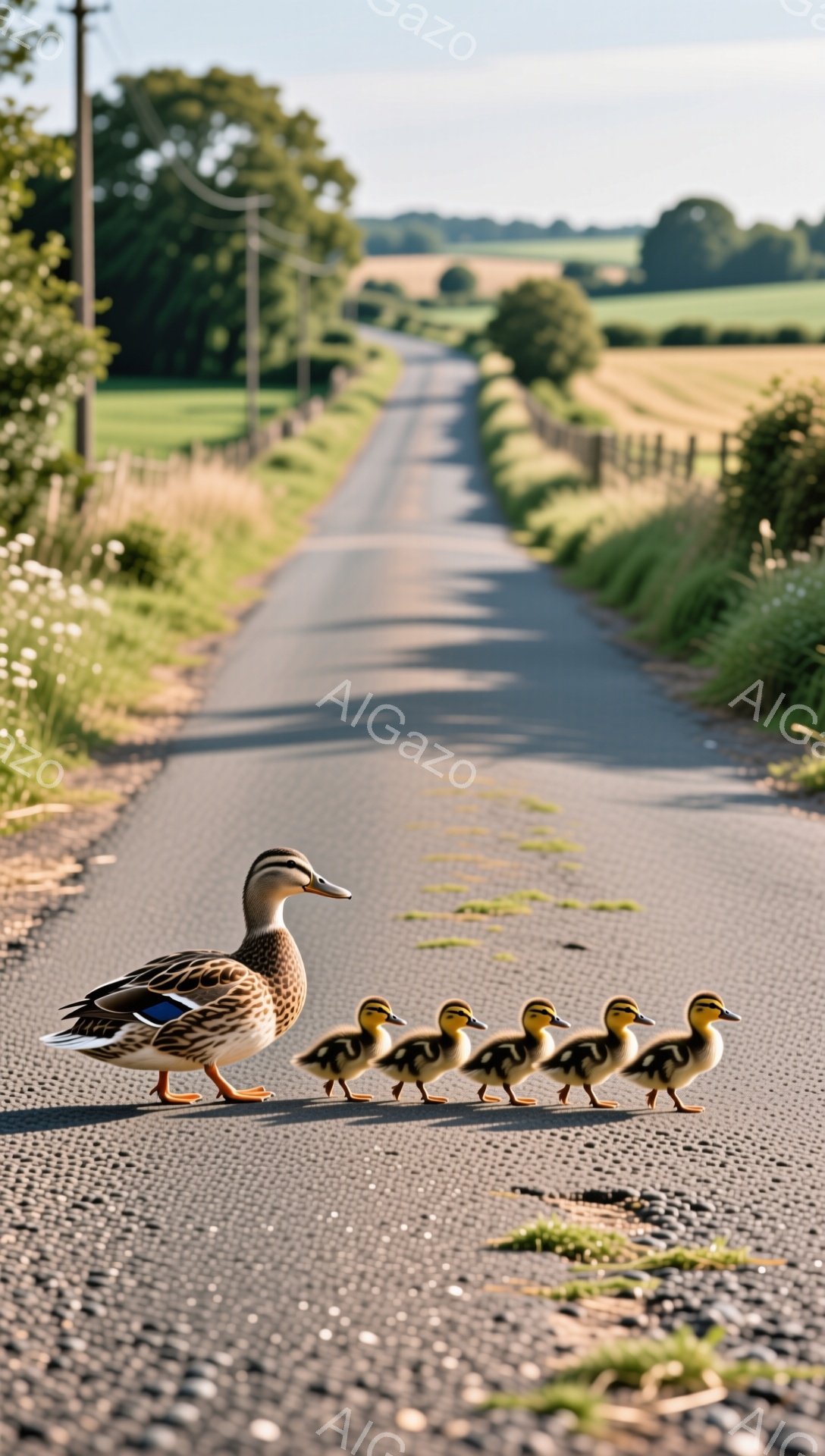 アヒルの母親が、可愛らしいヒナたちを連れてアスファルトの道を進んでいる。背景には緑豊かな草原が広がり、穏やかで平和な雰囲気が漂う。夕暮れ時の柔らかい光が、暖かい印象を与えている。 - AI生成フリー素材