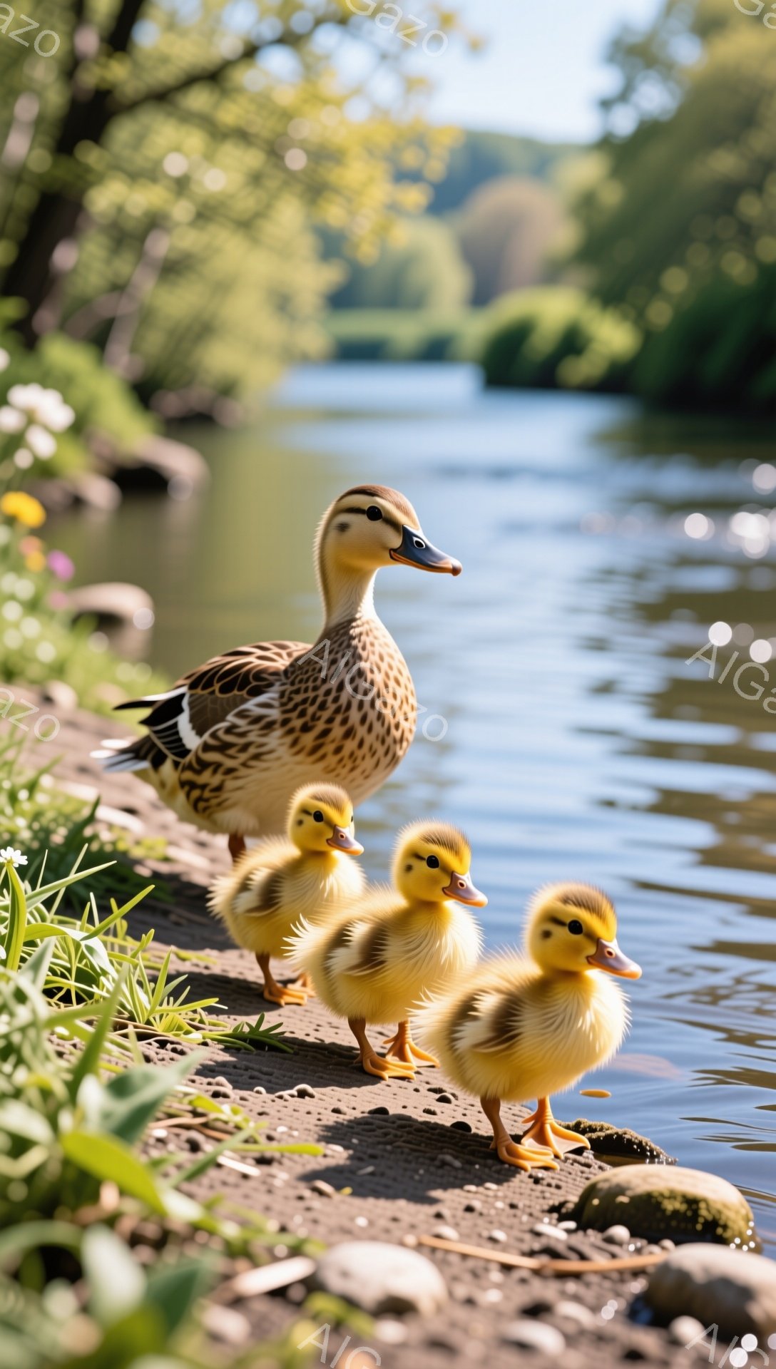アヒルが一匹と、その雛が三羽、川岸の小石の上に並んでいる。母アヒルは少し警戒した様子で周囲を見回し、雛たちは黄色い毛並みで可愛らしい姿を見せている。背景には緑豊かな木々が見え、穏やかな春の日の光が差し込んでいる。