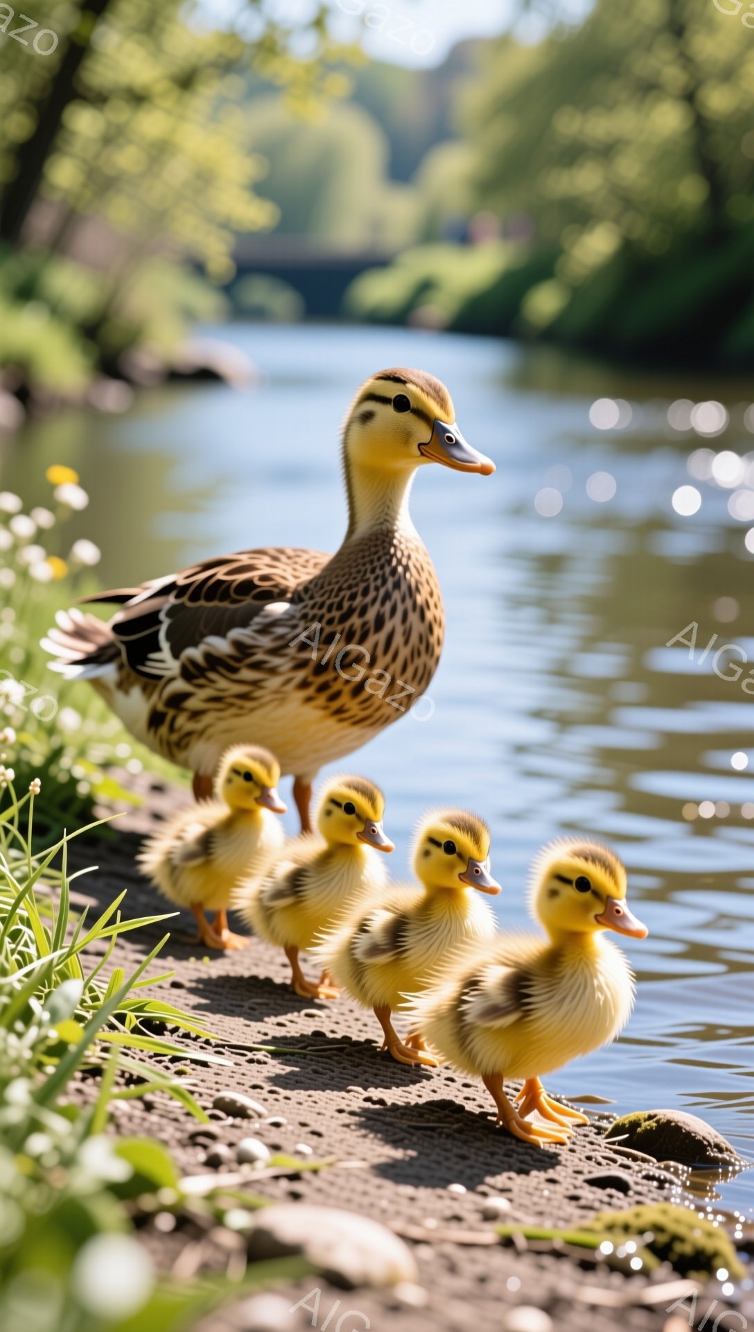 鮮やかな緑の背景と水辺に、母鴨と可愛らしいひな鳥たちが並んで歩いている。母鴨は茶色い羽を持ち、ひな鳥たちはふわふわの黄色い毛並みで、とても愛らしい姿をしている。穏やかな光と自然の中で、平和で温かい雰囲 - AI生成フリー素材