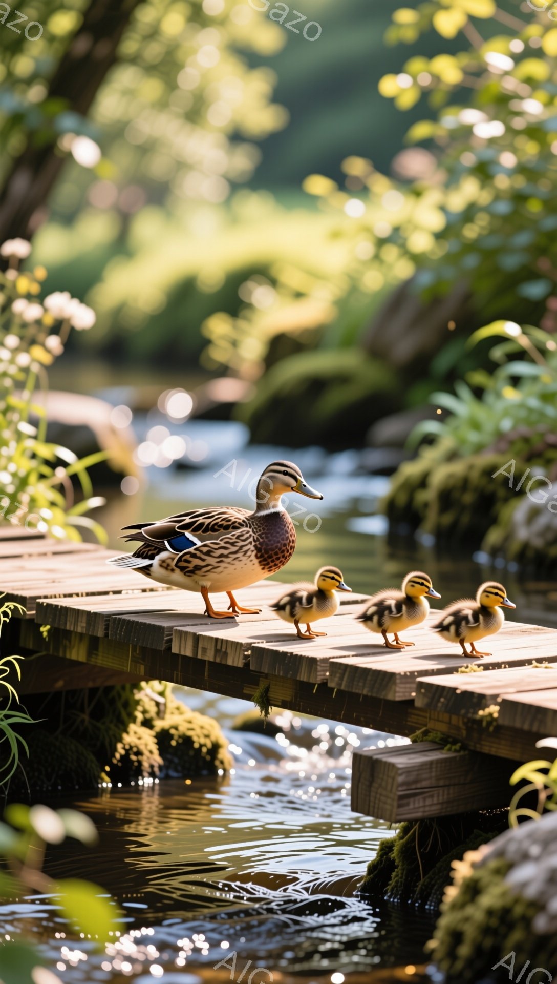 鴨の母親が、3匹の子鴨を連れて木製の橋の上を歩いている。太陽の光が差し込み、水面はキラキラと輝き、周囲の緑とのコントラストが美しい。穏やかで平和な雰囲気の風景だ。
