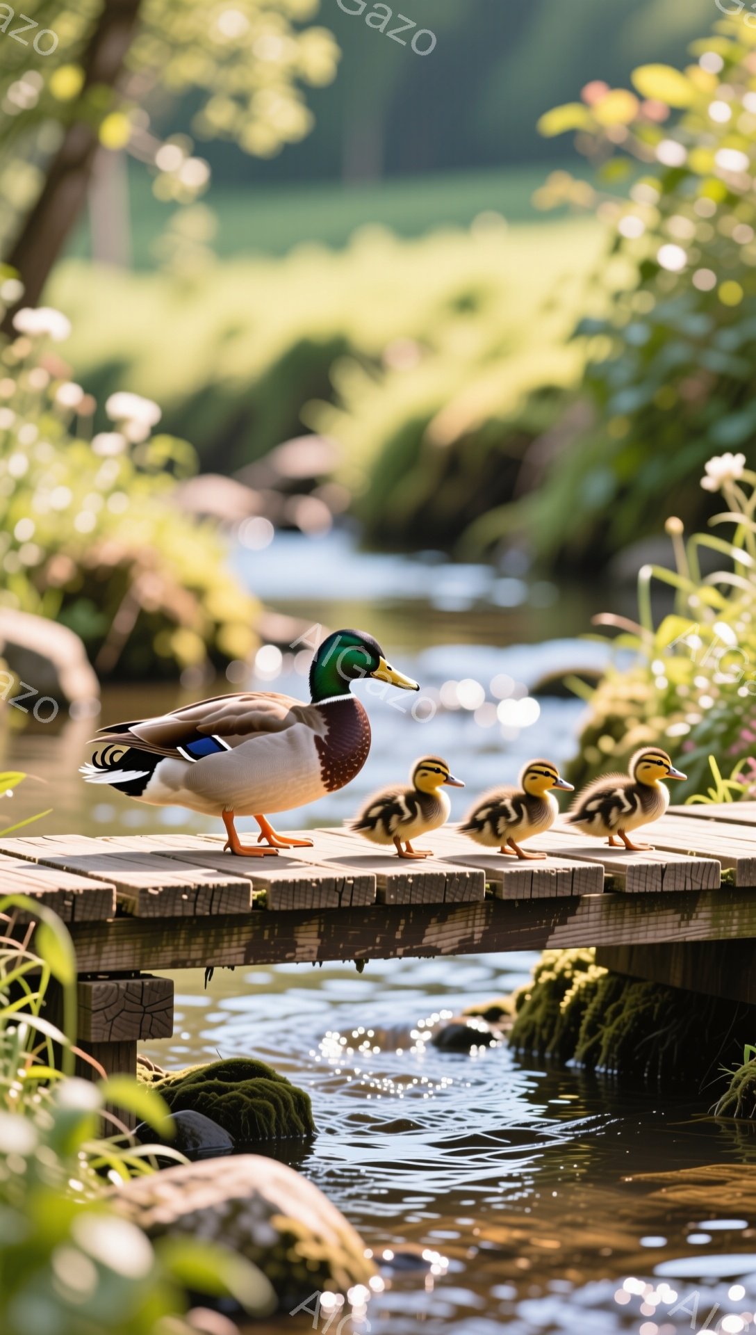 アヒルの家族が木製の橋の上を整列して歩いている。母鴨は先頭を歩き、後ろには可愛らしいひな鳥たちが続いており、背景には緑豊かな自然が広がっている。穏やかな光が差し込み、平和で温かい雰囲気を醸し出している - AI生成フリー素材