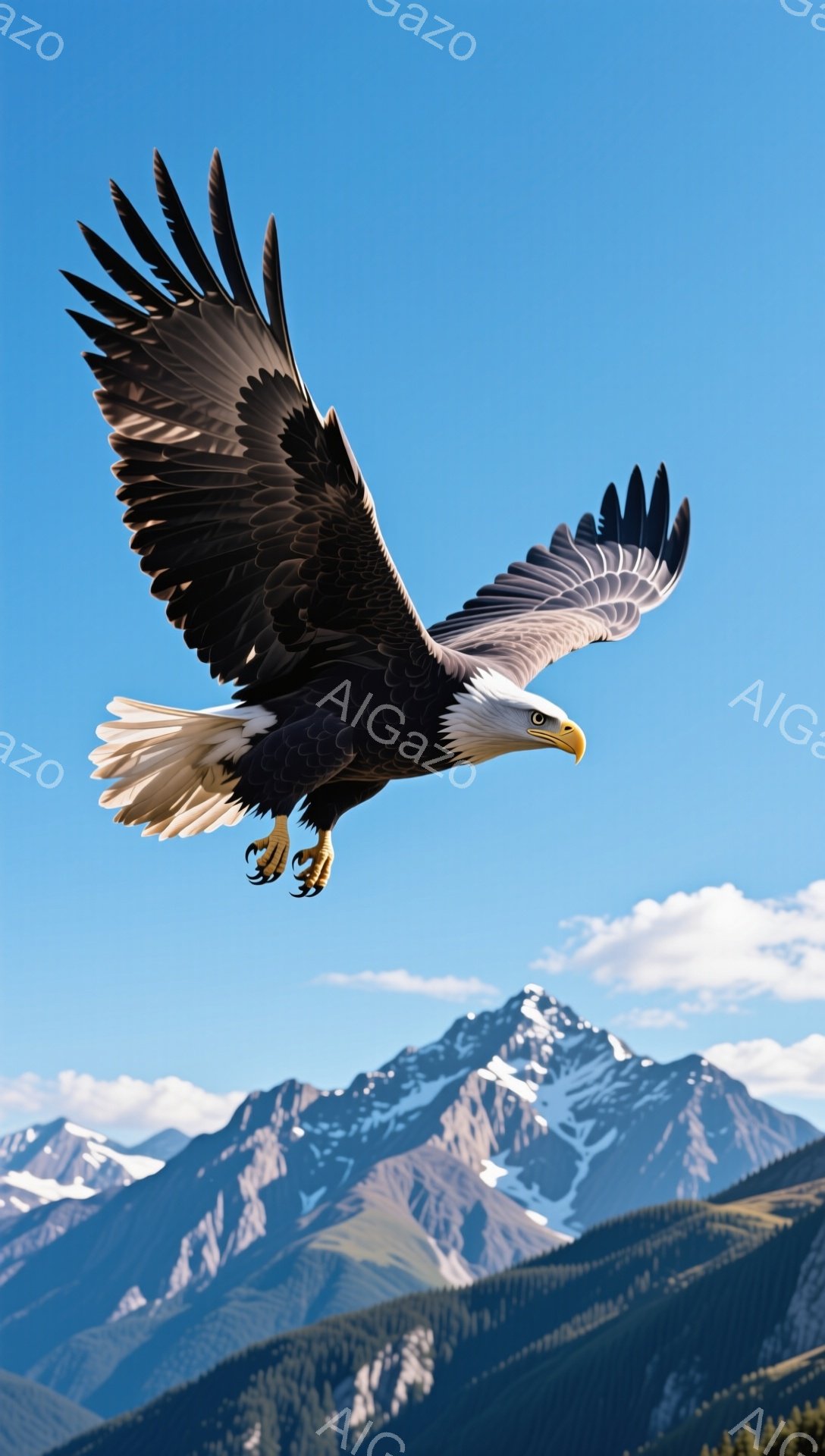 広大な山々を背景に、翼を広げたハクトウワシが力強く飛翔している。鮮やかな青空と雪を頂いた山々のコントラストが、雄大で自然豊かな雰囲気を醸し出している。ワシの鋭い眼光と羽の力強さが、見る者を圧倒する。