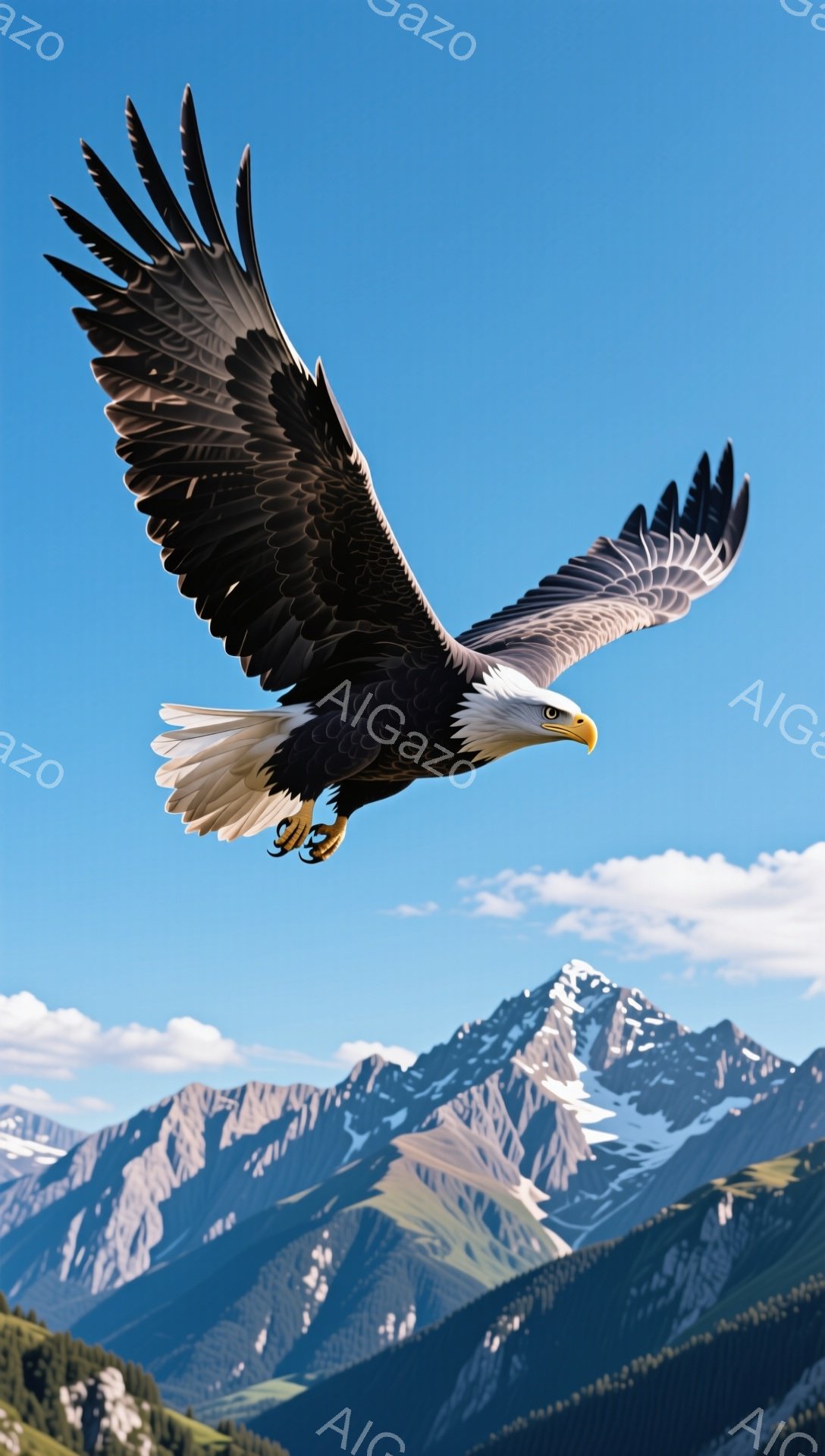 広大な山々の背景を背景に、力強いハクトウワシが翼を広げ、空を飛んでいる。鮮やかな青空と雪を頂く山々が、ワシの優雅な飛行を強調している。この光景は、自然の力強さと美しさを感じさせる。