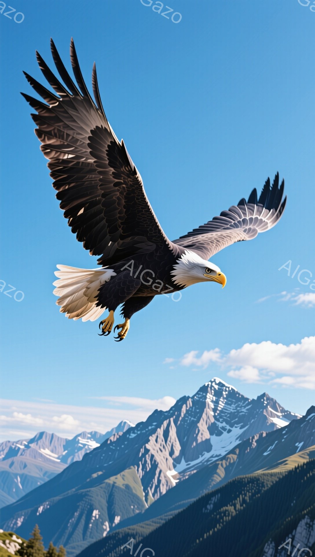 青空を背景に、翼を広げたハクトウワシが力強く飛んでいる。山々が遠くに見え、自然の雄大さを感じさせる。ワシの鋭い眼差しは、力強く、自由な雰囲気を醸し出している。
