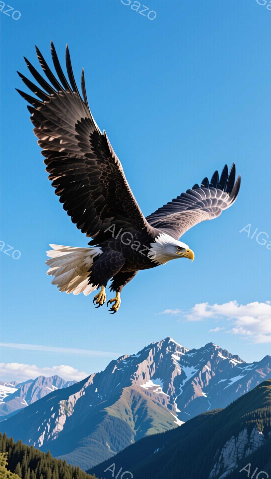 広大な山々の背景に、白頭ハゲワシが翼を広げて飛んでいます。青空とのコントラストが鮮やかで、その力強い翼と鋭い眼差しが印象的です。自然の雄大さと力強さを感じさせる一枚です。