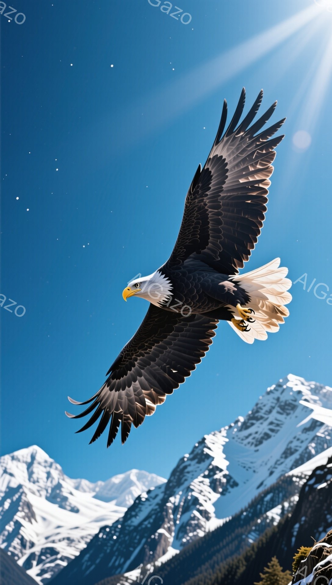 広大な雪山を背景に、翼を広げたアメリカワシが空を飛んでいる。青空に太陽の光が差し込み、ワシの白い羽毛が輝いている。力強く、荘厳な姿は、自然の雄大さを感じさせる。