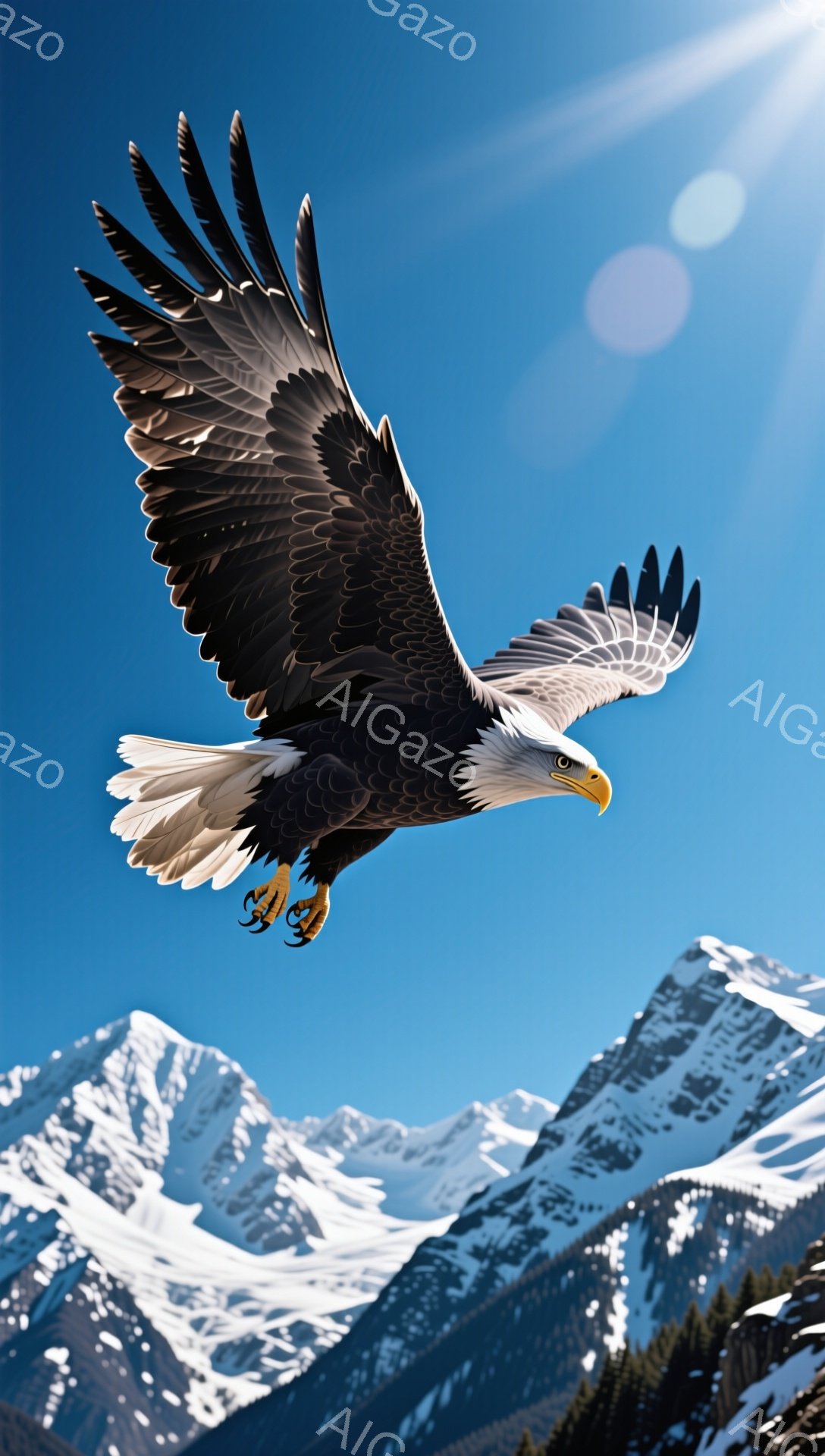 広大な山々と青い空を背景に、翼を広げたハクトウワシが力強く飛んでいる。光がワシの羽に差し込み、その滑らかな質感と力強いシルエットを際立たせている。雪を頂いた山々と青空が、ワシの雄大さをさらに強調している。