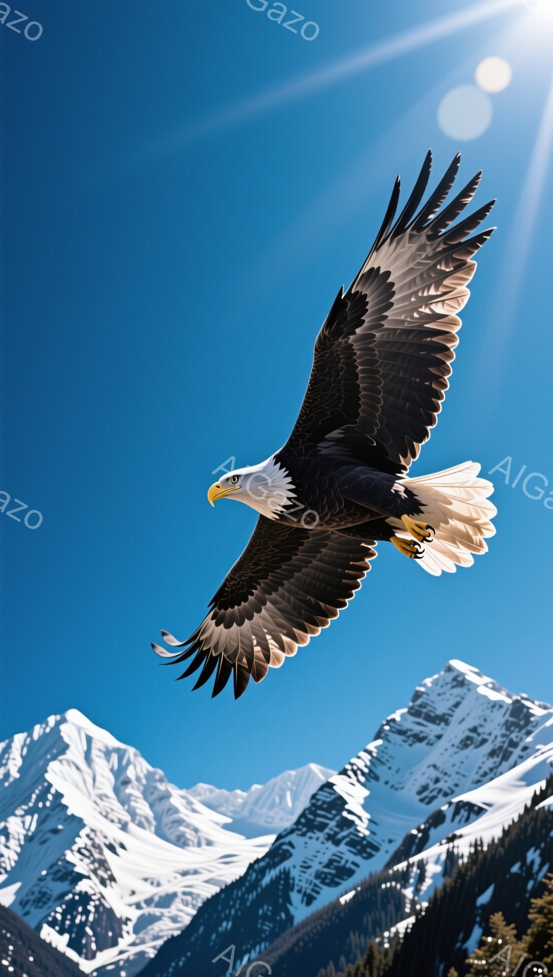 雄大な山々を背景に、白頭鷲が力強く空を舞っている。鮮やかな青空と雪山のコントラストが印象的で、鷲の羽は広げられ、その翼は太陽の光を浴びて輝いている。力強い存在感と自然の美しさが感じられる一枚だ。 - AI生成フリー素材
