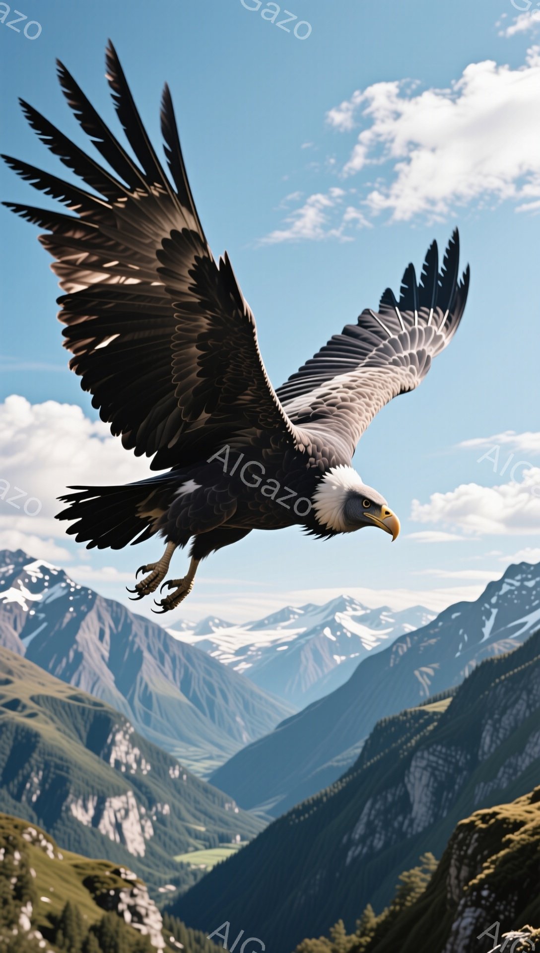 広大な山岳地帯の上空を、翼を広げた巨大な猛禽類が飛んでいる。背景には雪を抱いた山々が連なり、深い谷と青い空が広がり、自然の壮大さを強調している。鳥の力強い翼と鋭い視線は、自由と野生の象徴のように見える - AI生成フリー素材