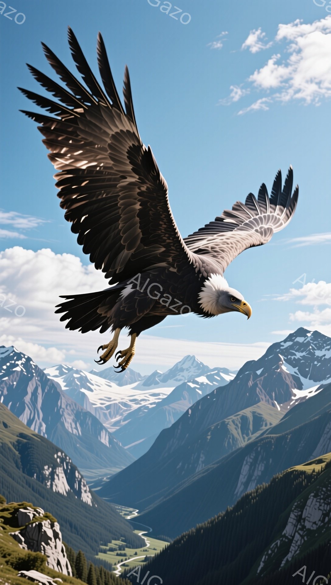 青々とした山々と雪解け水の流れに、力強いハクトウワシが翼を広げ飛び立つ姿が印象的だ。空は晴れ渡り、鳥は自由気ままに飛び、雄大な自然の中で生き生きとしている。背景の山々は白く雪を抱き、春の訪れを感じさせる。