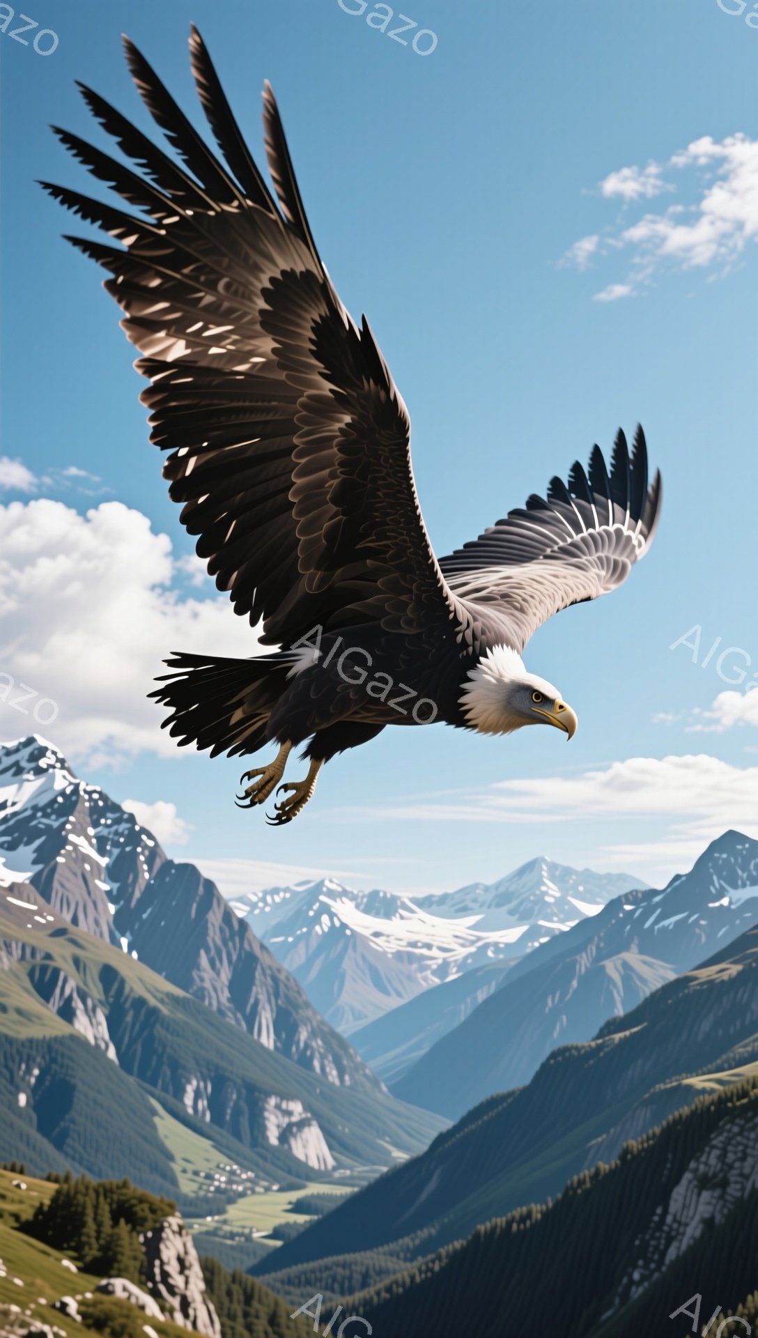 雄大な山々を背景に、翼を大きく広げたワシが飛び去る姿が捉えられています。翼の羽毛は細部まで鮮明で、力強く空を舞う姿は見る者を圧倒します。雪を抱く山々と緑の谷が、ワシの飛翔をさらにドラマチックに引き立てています。