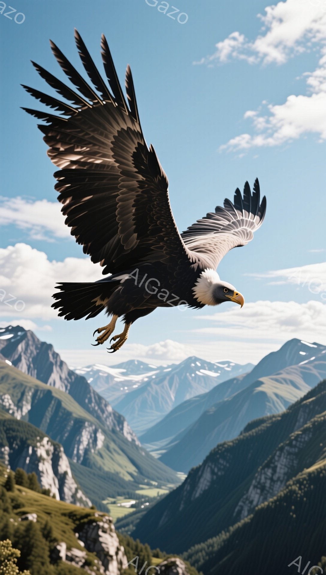 雄大な山々を背景に、翼を広げて飛ぶワシが印象的な写真です。緑豊かな渓谷と雪を抱いた山々のコントラストが、ワシの力強さをより際立たせています。空の青さとワシの黒色の羽との組み合わせは、自然の美しさを感じさせます。