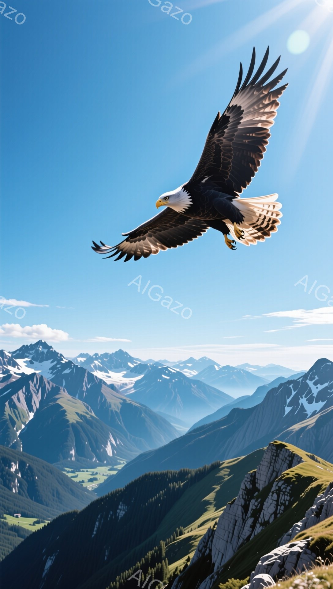 広大な山脈の上空を、翼を広げた白尾海 eagles が力強く飛んでいる。青い空と緑豊かな山々が広がり、自然の雄大さを感じさせる。太陽の光がeagle を照らし、生き生きとした生命力を表現している。