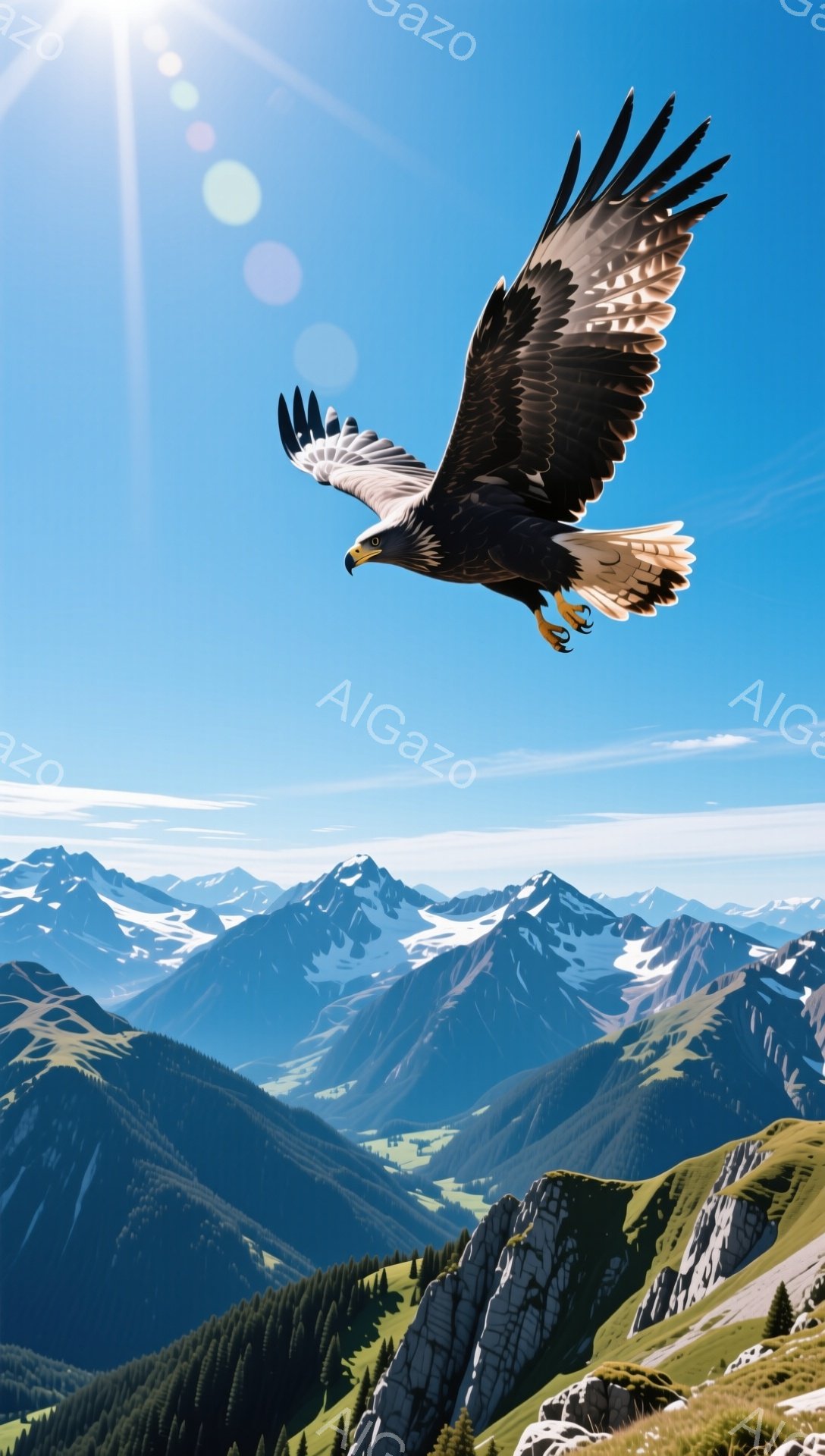 空高く舞い上がる巨大なワシが印象的な風景です。背景には雪を抱いた山々が連なり、緑豊かな山腹が広がり、鮮やかな青空と太陽が輝いています。雄大な自然の力強さとワシの自由な姿が共存し、壮大な雰囲気を醸し出し - AI生成フリー素材