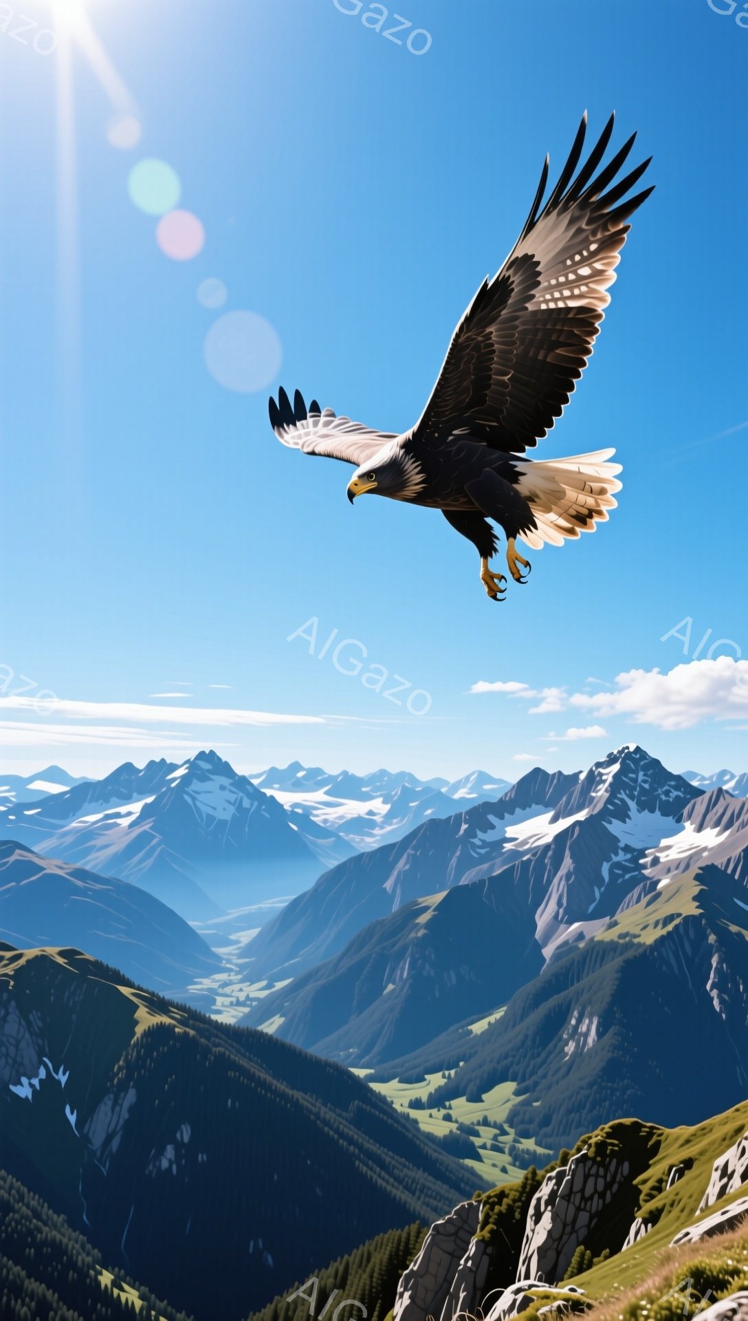 広大な山岳地帯を背景に、翼を広げたワシが力強く空を飛んでいる。山々は緑の森林と白い雪で覆われ、澄み切った青空が広がり、ダイナミックな自然の風景が表現されている。強い光がワシの羽に差し込み、その力強さを強調している。