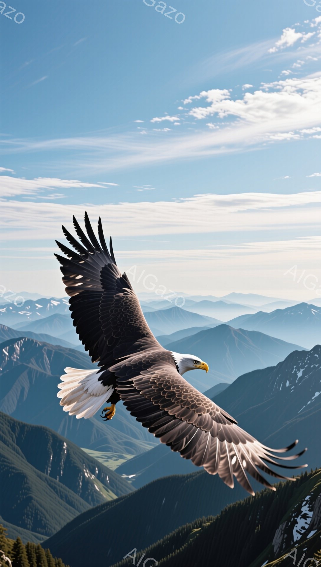 広大な山々の風景を背景に、雄大な白頭鷲が翼を広げて飛翔している。鷲の鋭い眼差しと力強い翼は、自然の力強さと自由を表現している。青空と山々のコントラストが、壮大な自然の美しさを際立たせている。 - AI生成フリー素材