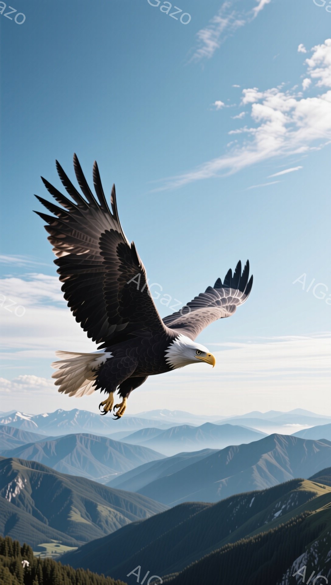 雄大な山々の背景を前に、翼を広げたアメリカワシが力強く飛び立っています。青い空と白い雲が、ワシの力強さを際立たせており、自然の雄大さを感じさせます。山の稜線や緑豊かな森林が、ワシの飛行をさらにドラマチックにしています。