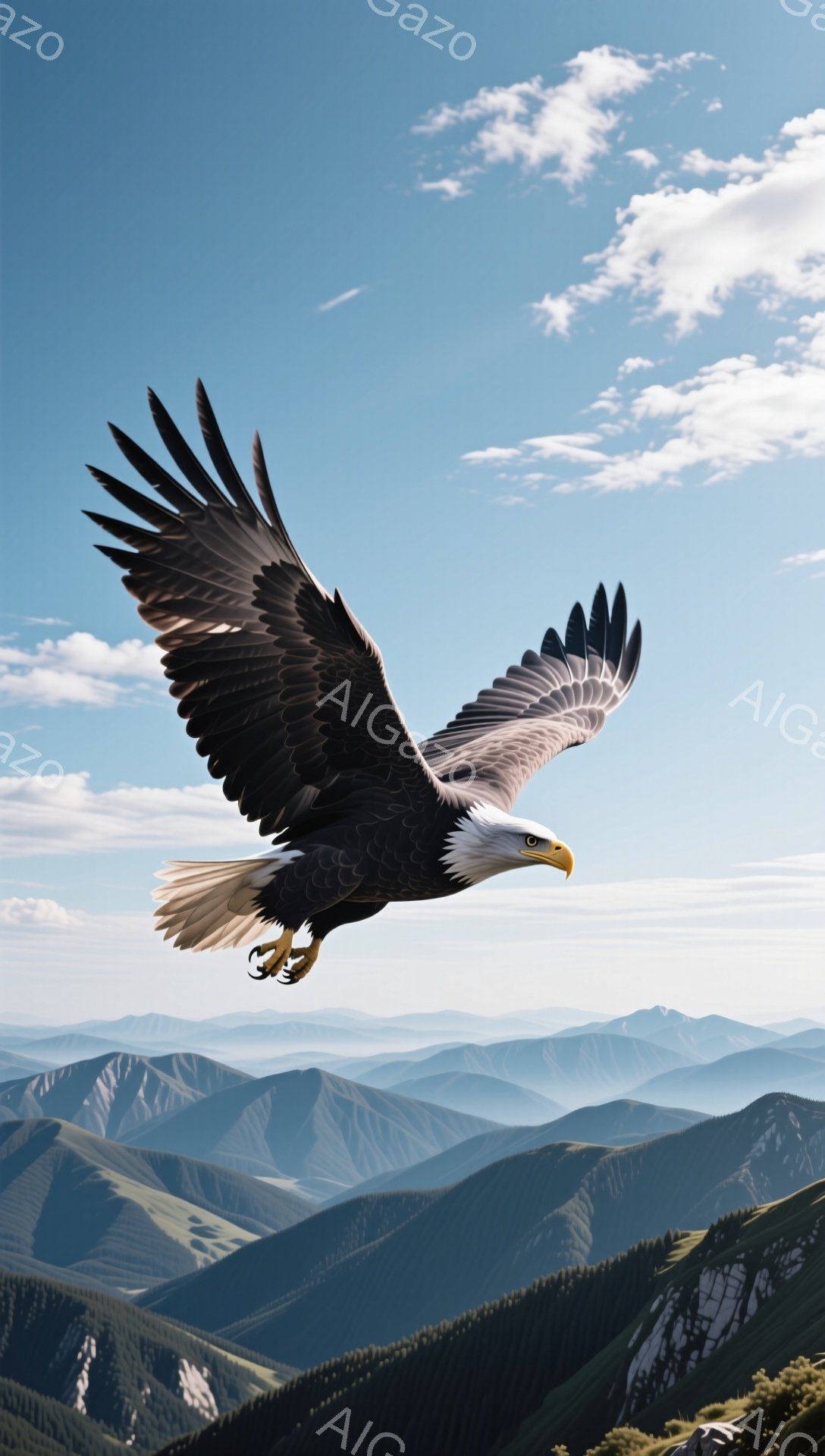 岩だらけの山々の上を、翼を広げたハクトウワシが力強く飛んでいる。青い空と遠くの山々の風景が、ワシの雄大さを際立たせている。ワシの鋭い眼差しは、獲物を捉えようとしているかのように見える。